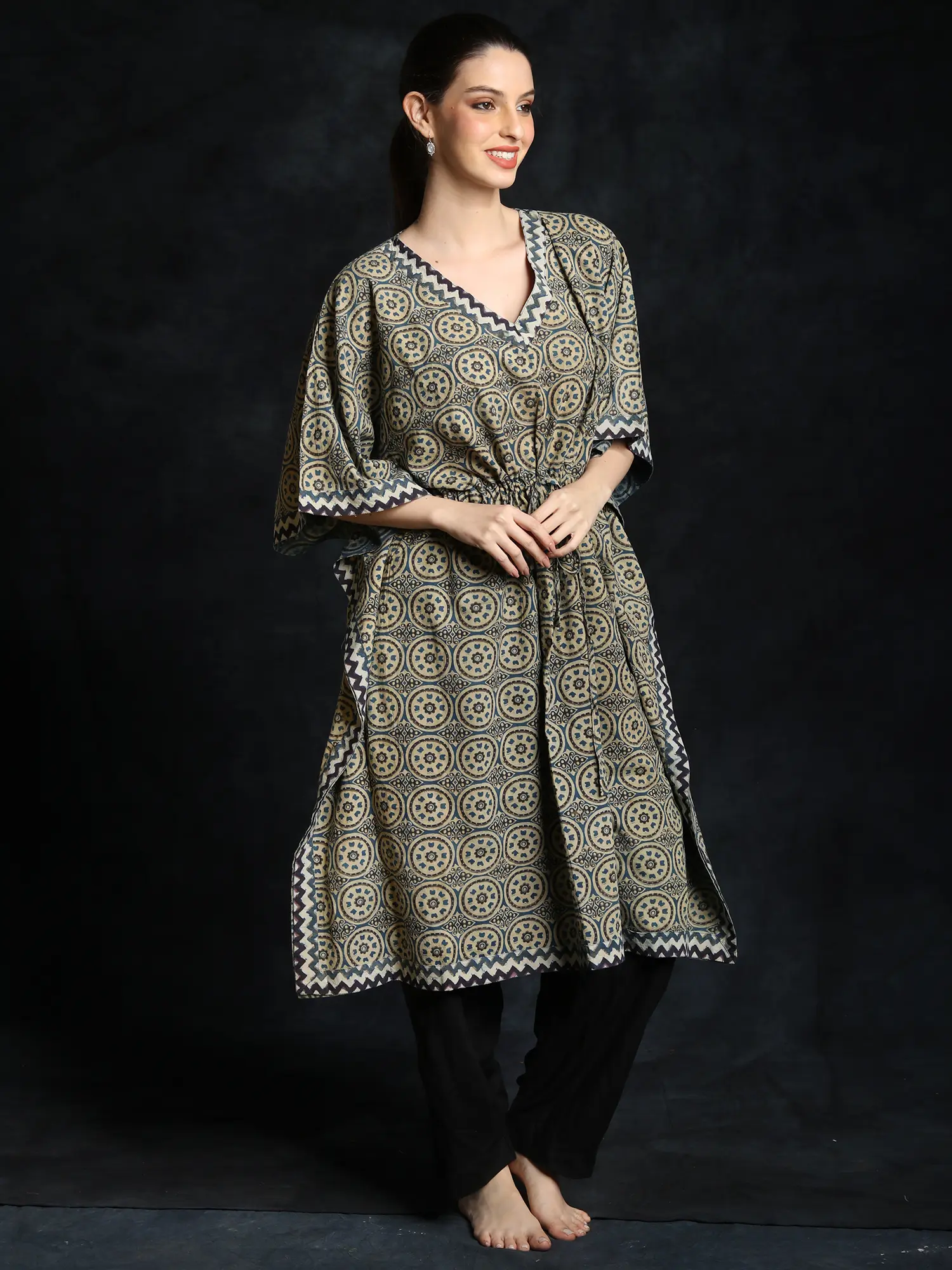 Aegean-Blue Cotton Chakra Pattern Printed Short Kaftan, alternate view