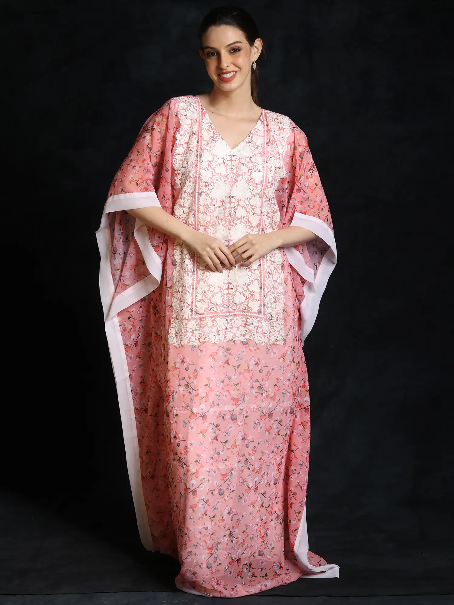 Blooming-Dahlia Long Kashmiri Georgette Kaftan with Floral Aari Embroidery
