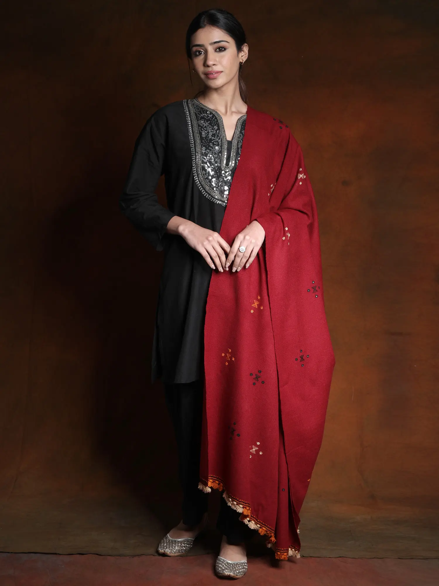 Woolen Plain Shawl from Kutch with Mirror Embroidery