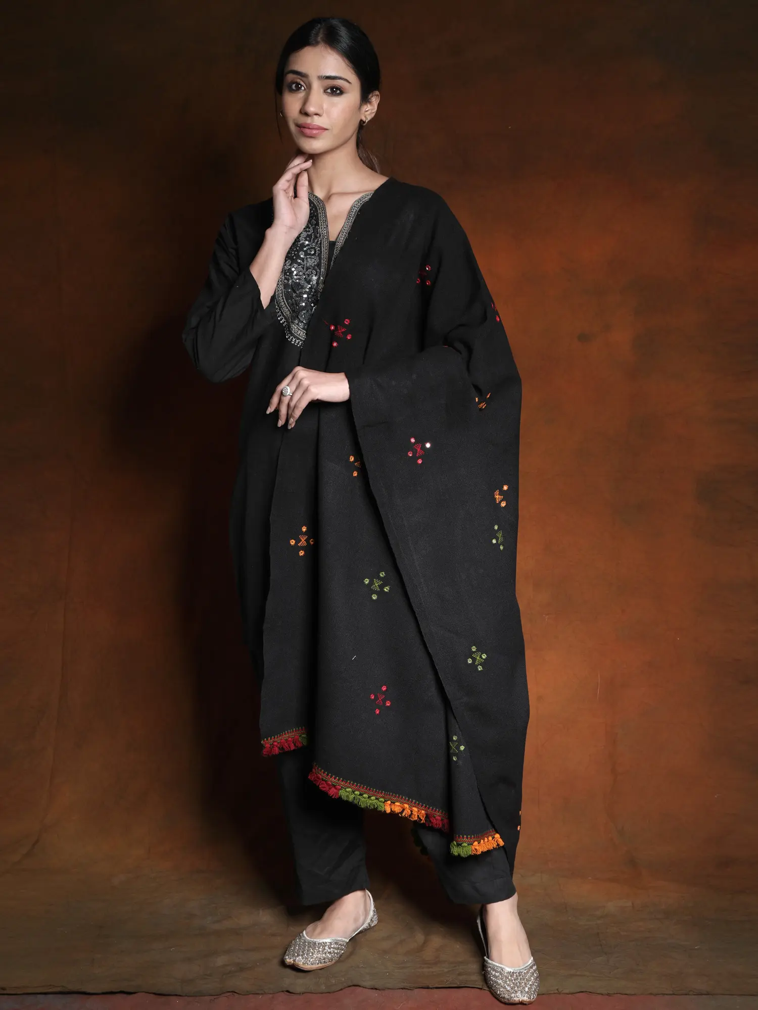 Woolen Plain Shawl from Kutch with Mirror Embroidery
