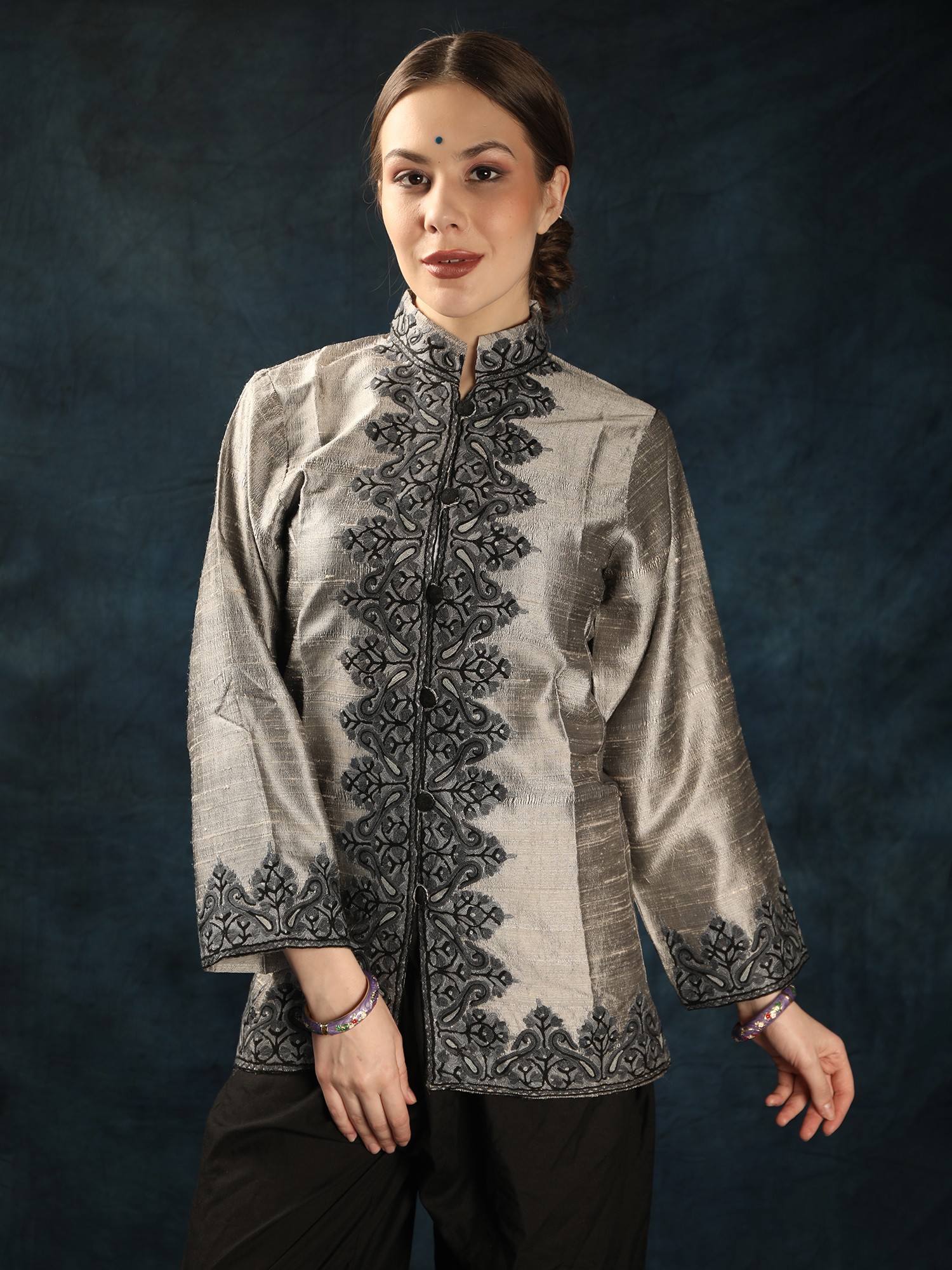 Flint-Gray Pure Silk Kashmiri Short Jacket with Paisley Aari Embroidery ...
