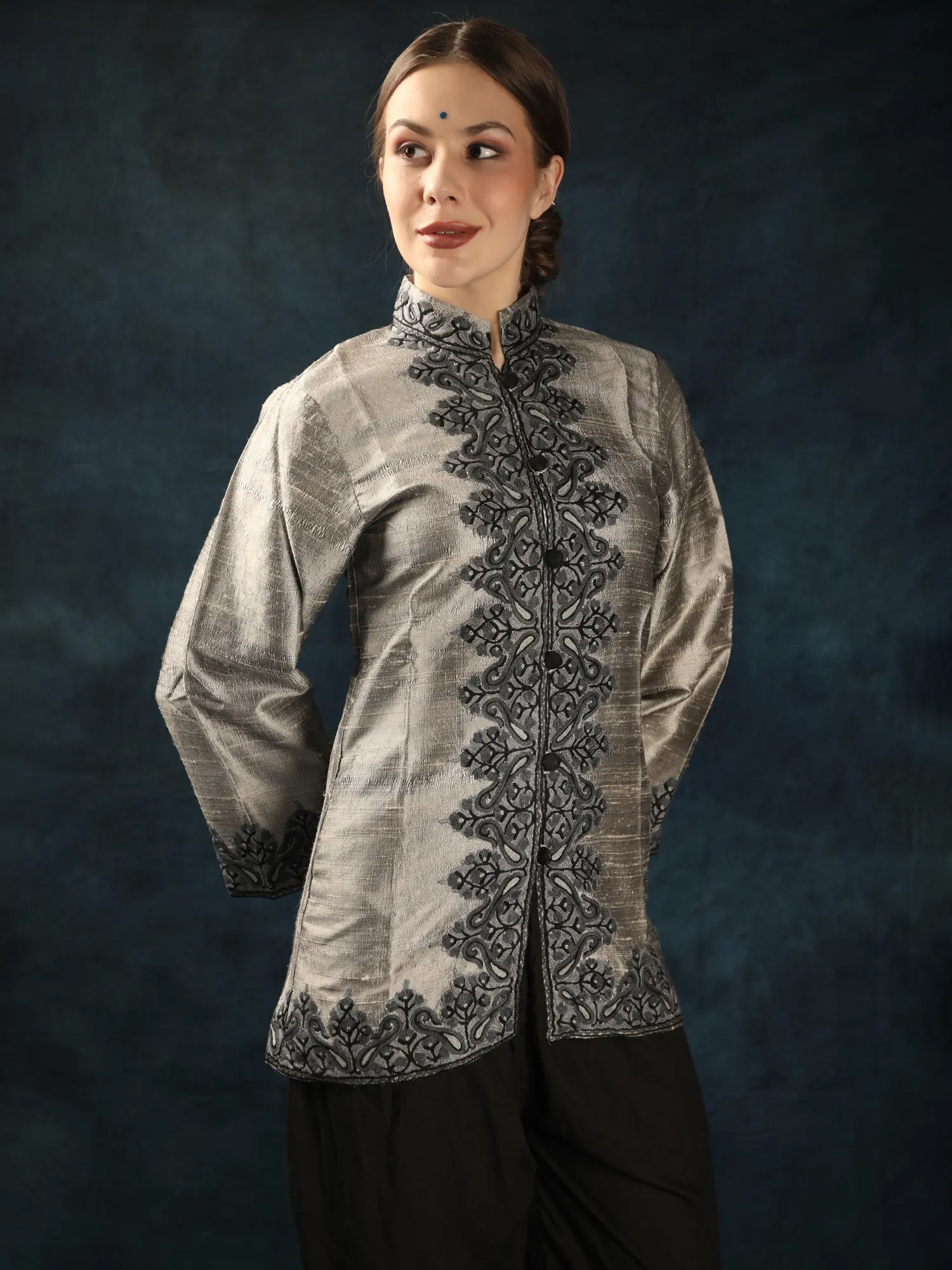 Flint-Gray Pure Silk Kashmiri Short Jacket with Paisley Aari Embroidery by Hand, alternate view
