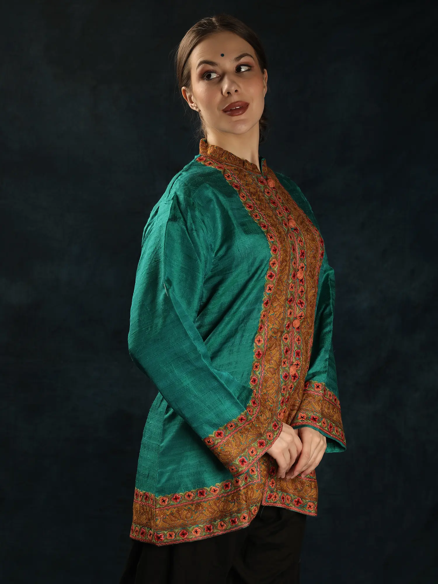 Blue-Grass Pure Silk Paisley Embroidered Short Jacket with Aari Embroidery by Hand, alternate view