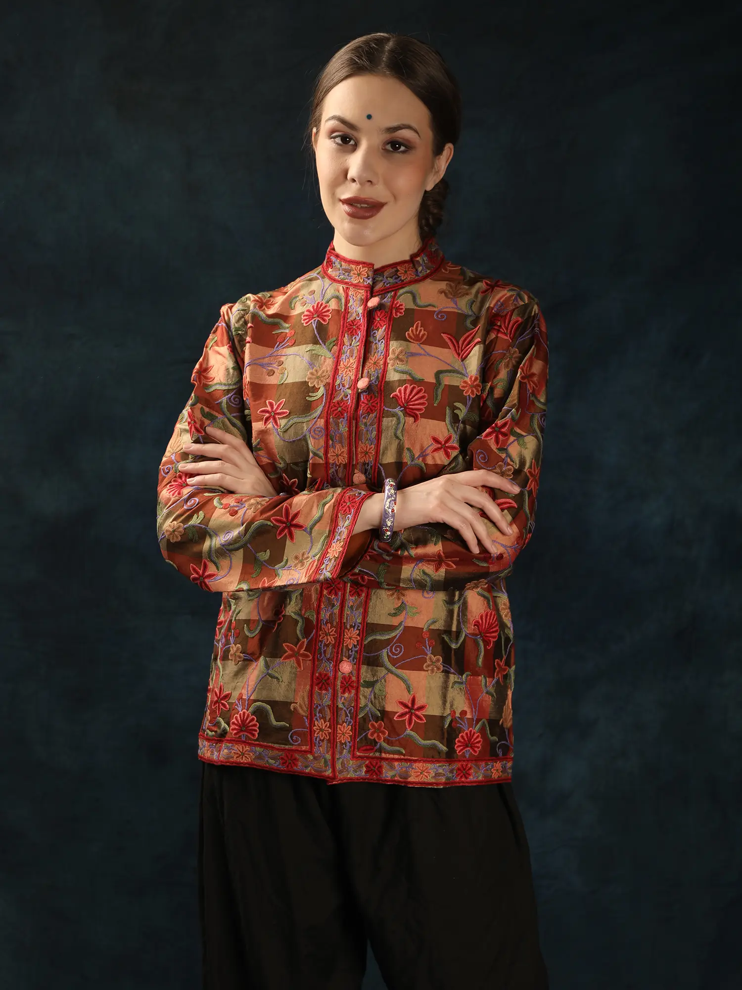 Multicolor Pure Silk Check Pattern Short Jacket with Hand Aari Embroidered Floral Jaal