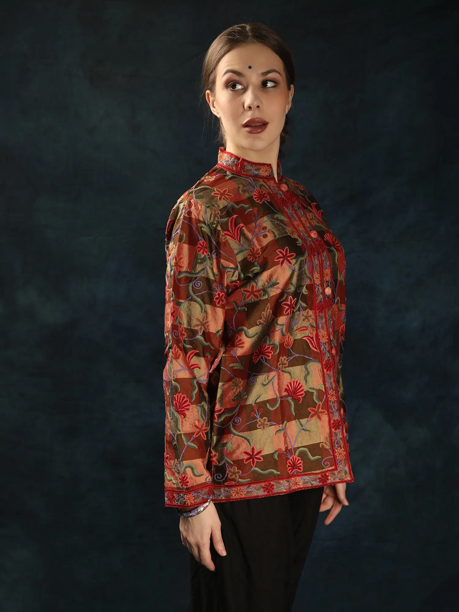 Multicolor Pure Silk Check Pattern Short Jacket with Hand Aari Embroidered Floral Jaal, alternate view