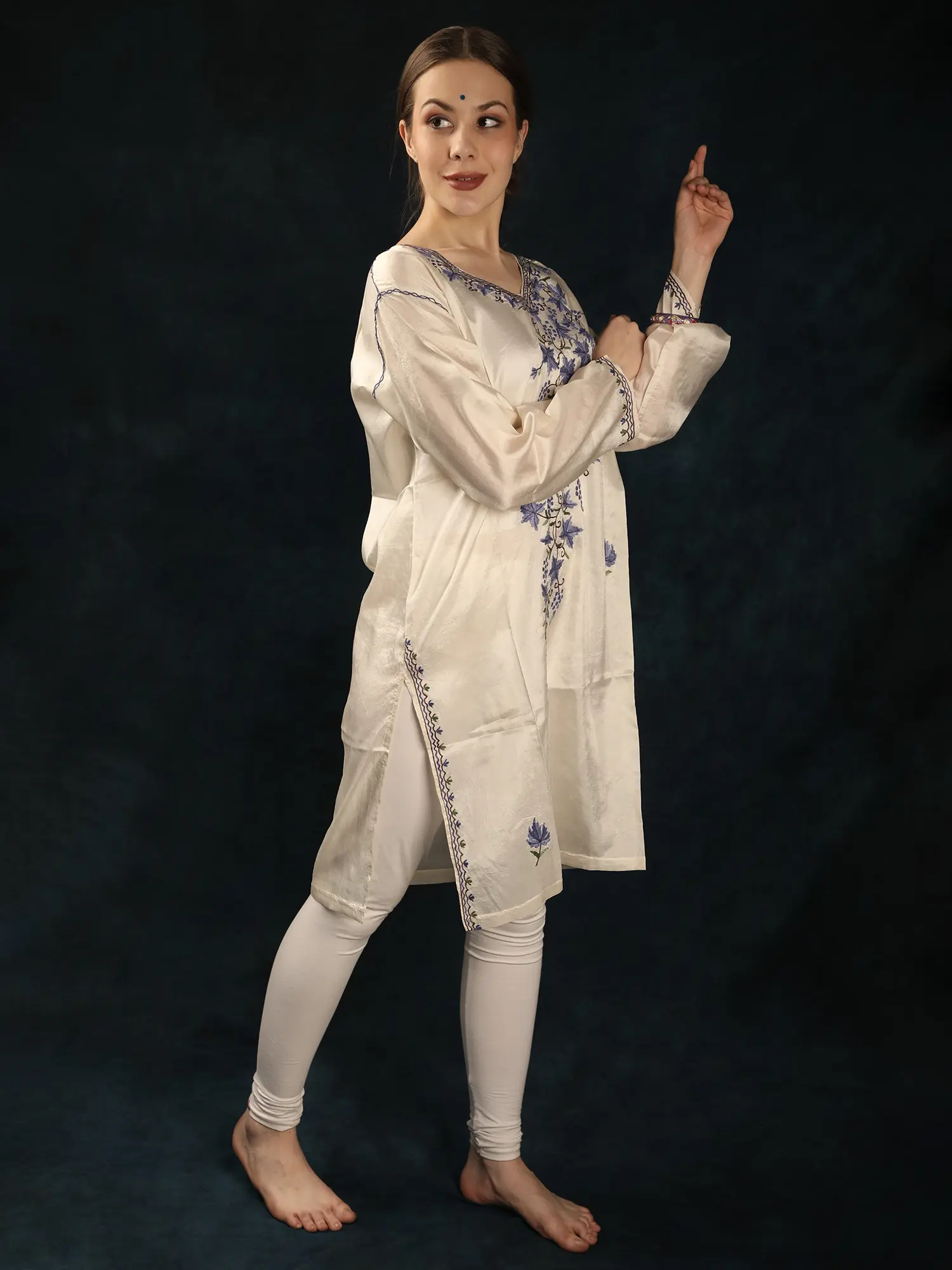 Off-White Pure Silk Kurti from Kashmir with Floral Aari Embroidery by Hand, alternate view