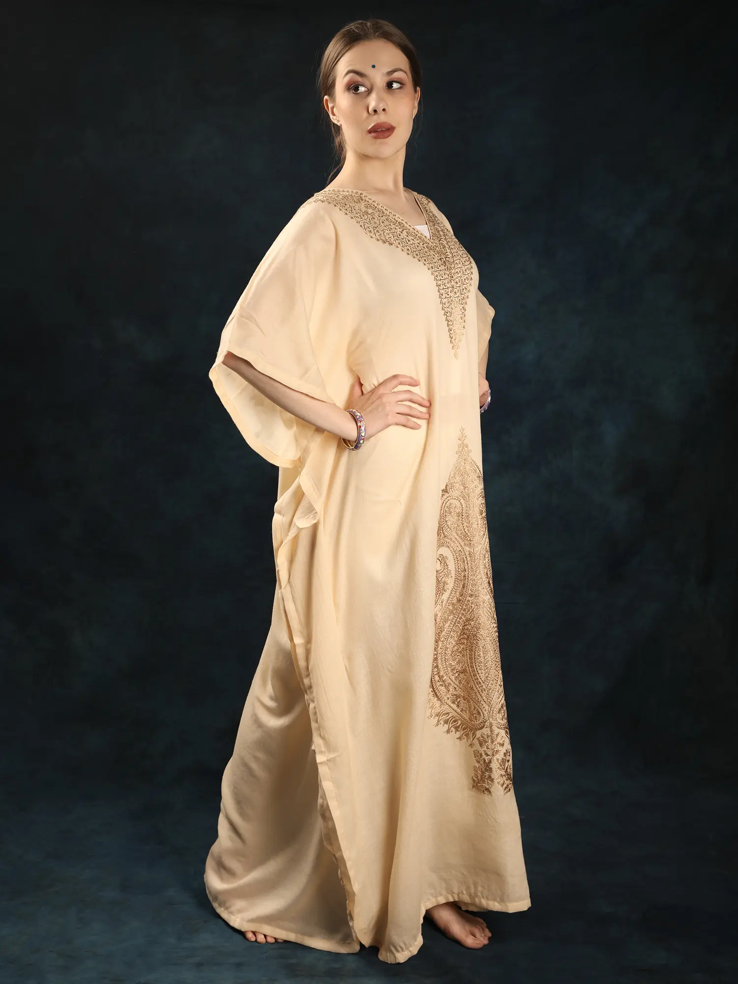 Fine Wool Long Kaftan from Srinagar with Kalka Aari Embroidery, alternate view