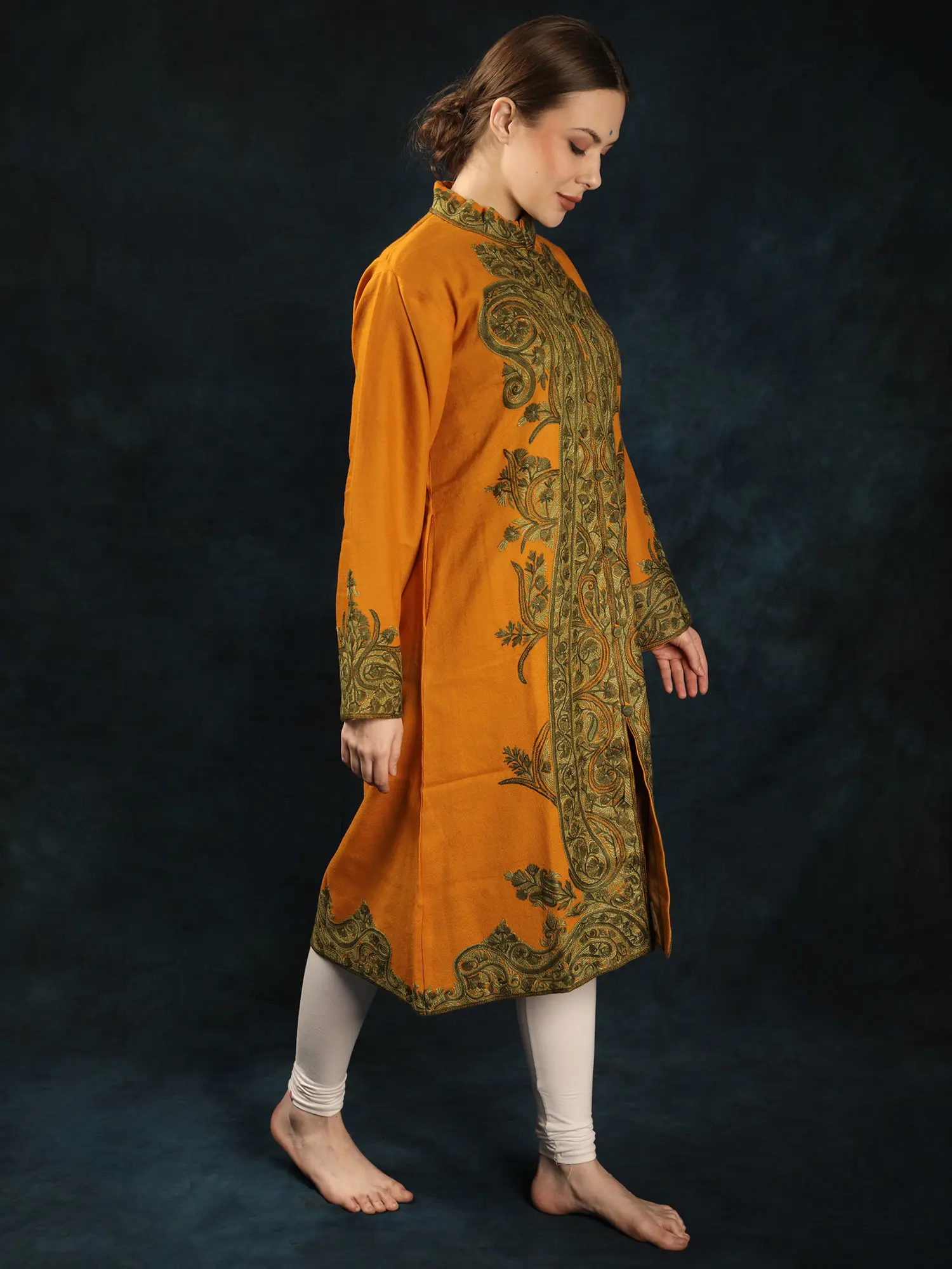 Autumn-Blaze Pure Wool Long Kashmiri Jacket with Aari Embroidery by Hand, alternate view