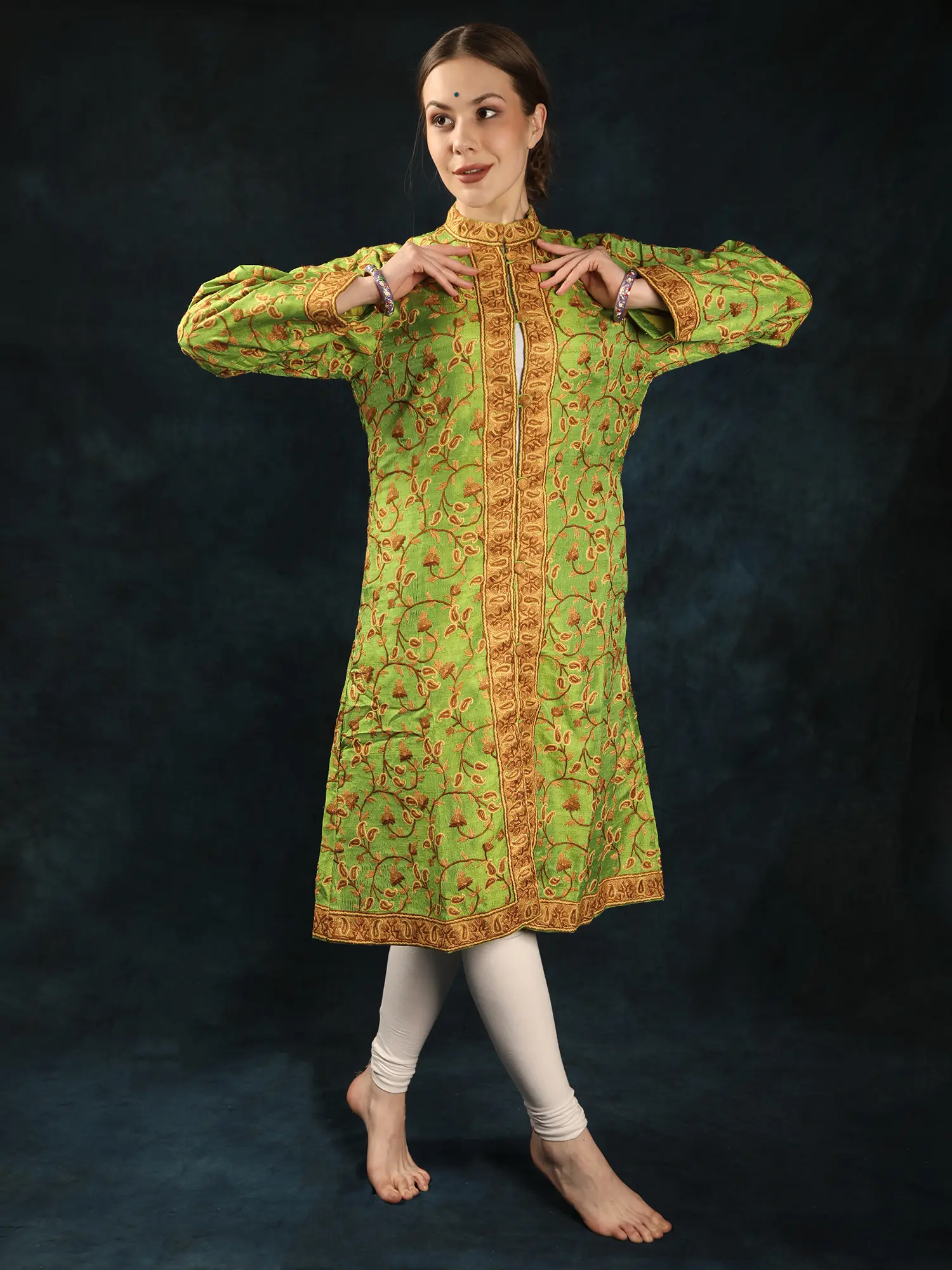 Pure Silk Paisley Jaal Hand-Aari Embroidered Long Jacket from Kashmir, alternate view