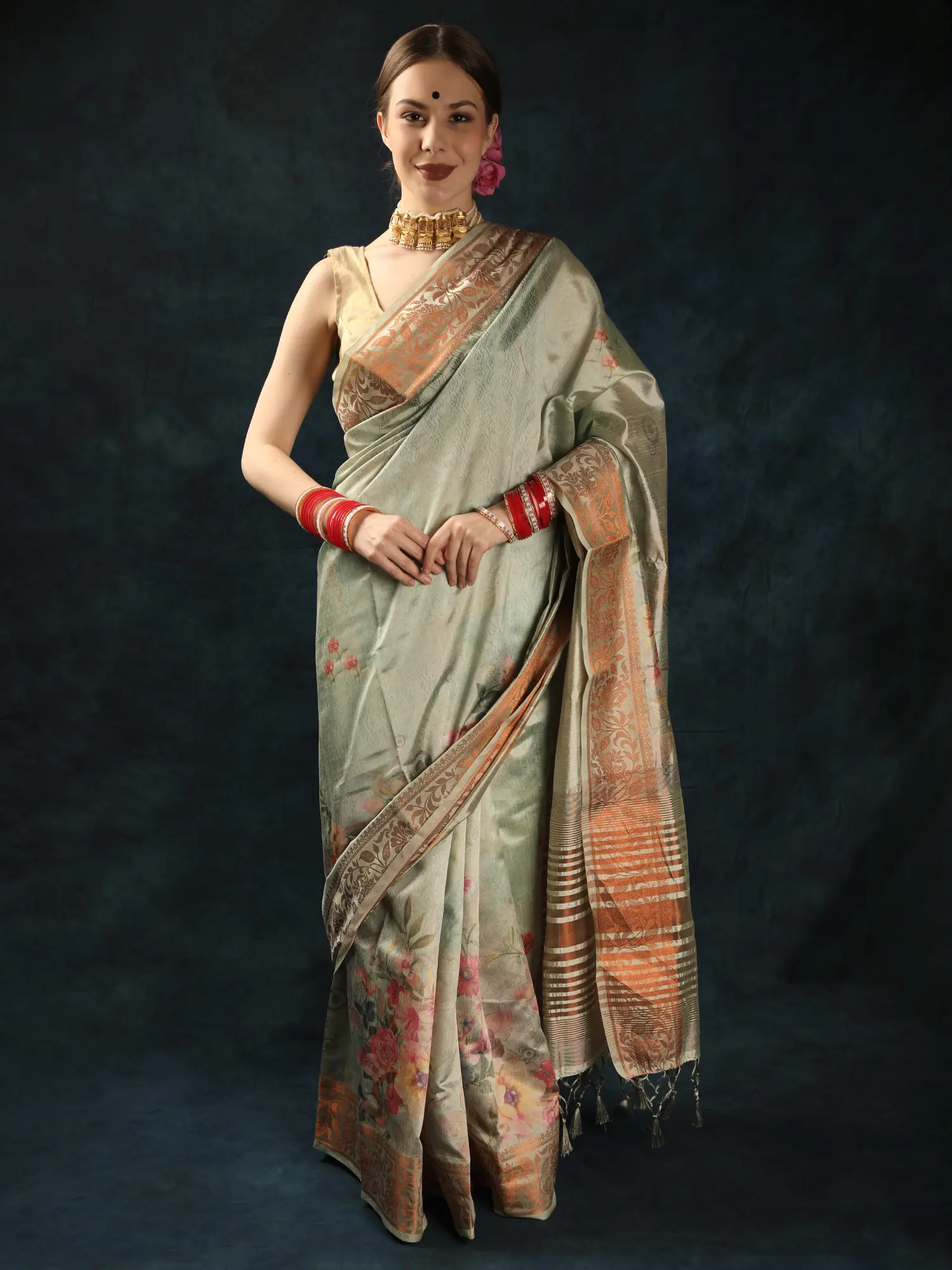 Green-Lily Floral Printed Saree with Tasseled Pallu and Wide Border