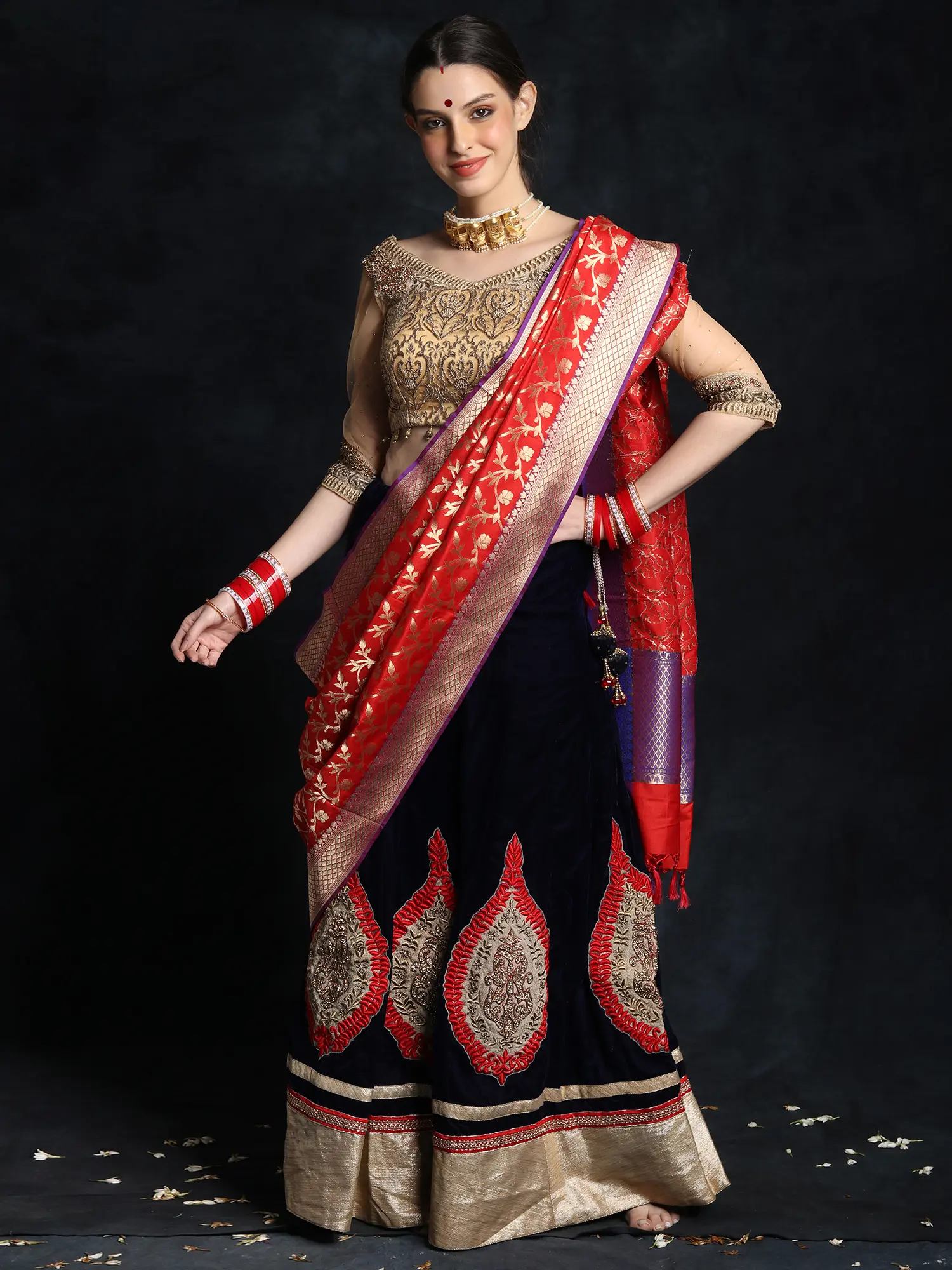 Vintage Navy-Blue Velvet Bridal Lehenga with Choli and Zardozi-Bead Embroidery with Silk Tasseled Banarasi Dupatta