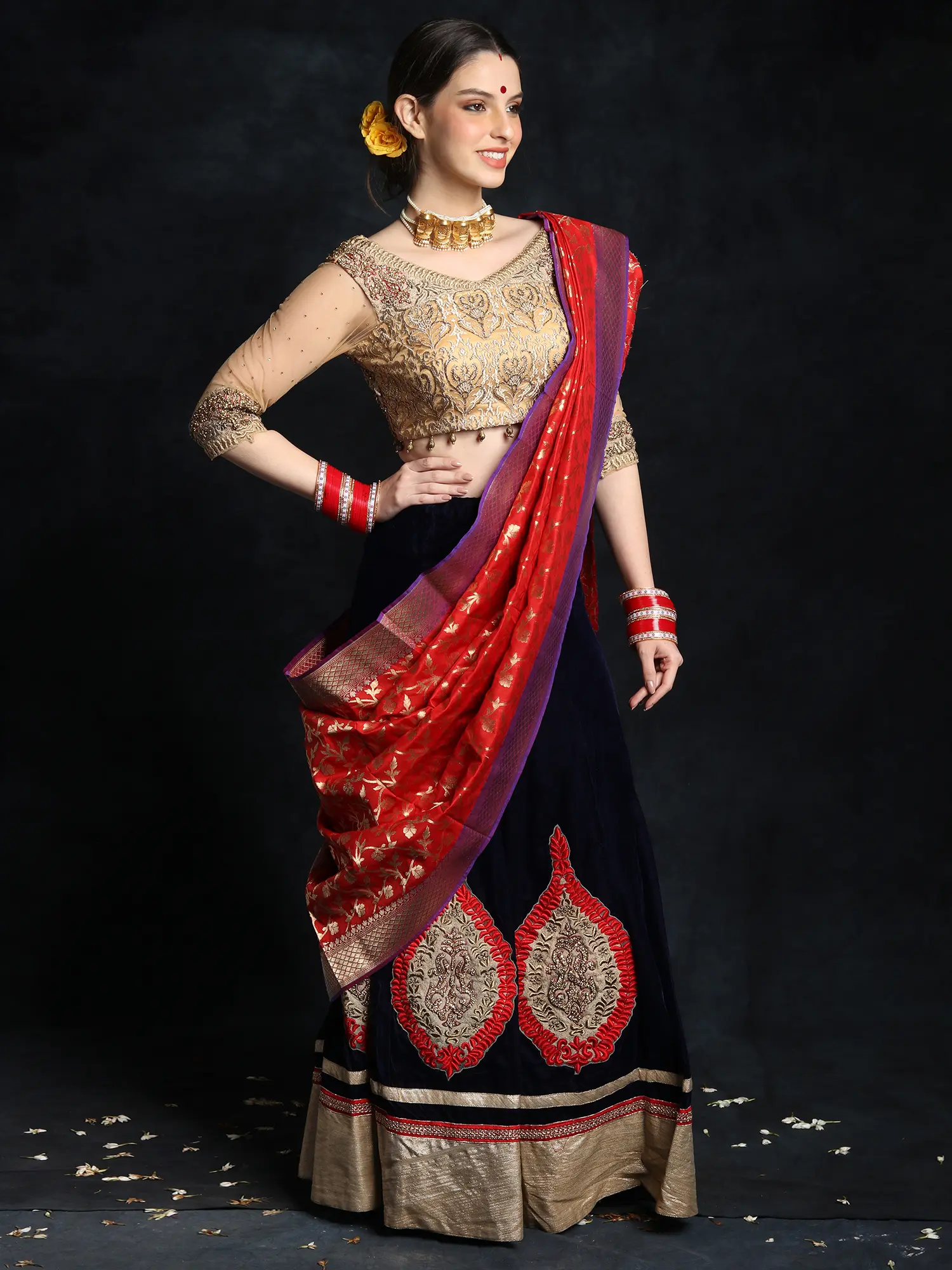 Vintage Navy-Blue Velvet Bridal Lehenga with Choli and Zardozi-Bead Embroidery with Silk Tasseled Banarasi Dupatta, alternate view