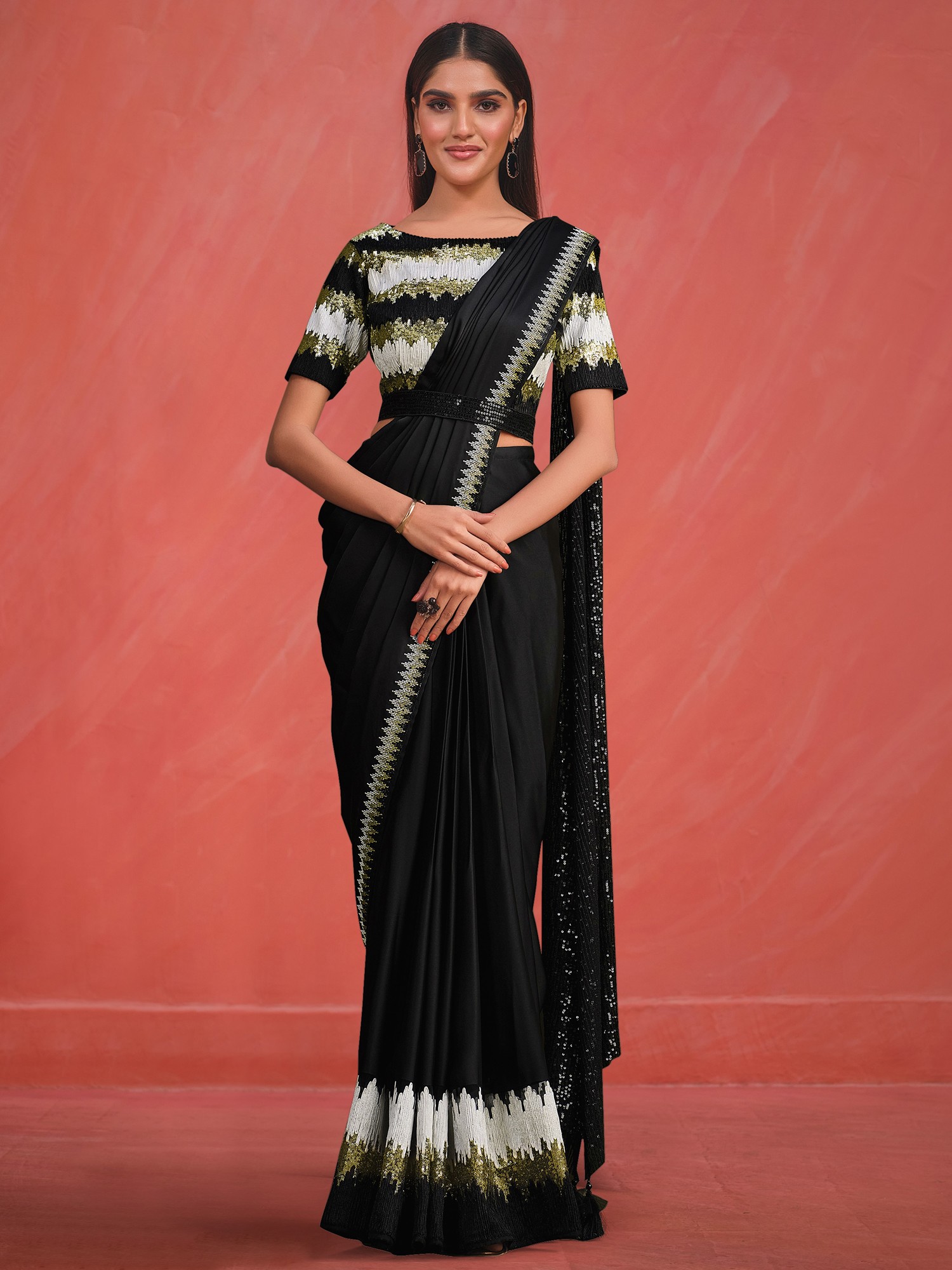 Crepe Silk Sequence Embroidered Night Black Saree With Blouse And