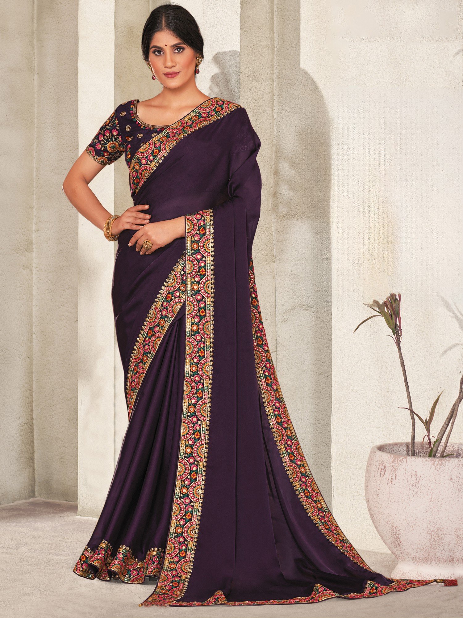 Dark Purple Muga Silk Saree with Beautiful Meenakari Weaves highlighted  with Gold Zari - Mirra Clothing