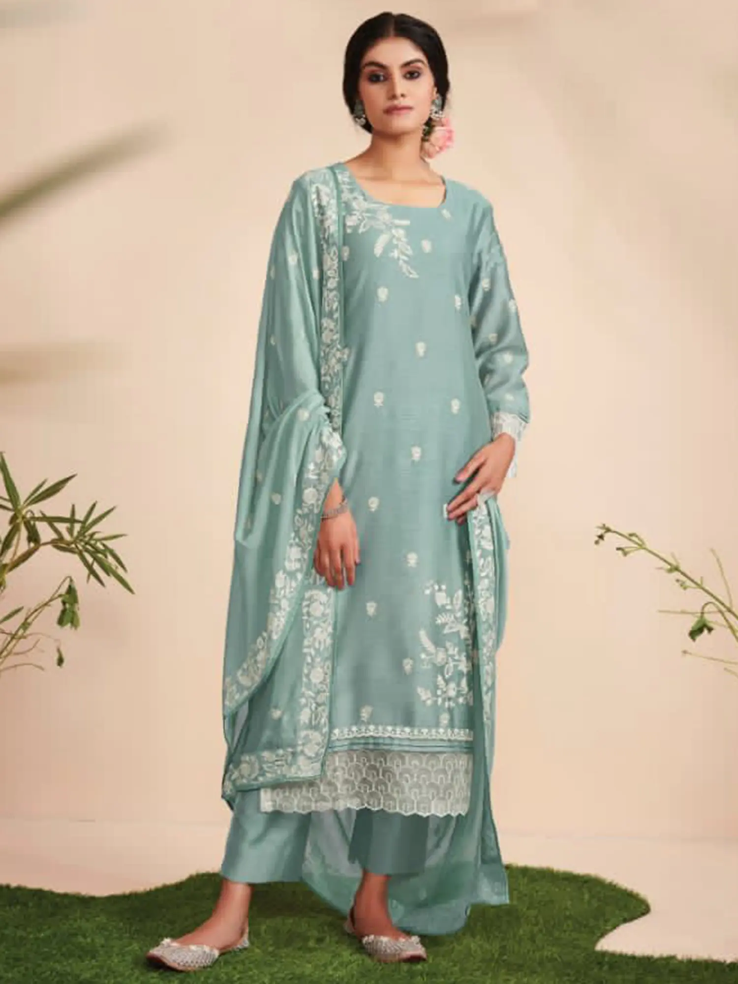 Blue-Haze Salwar Kameez with Aari Embroidered Floral Motifs and Dupatta