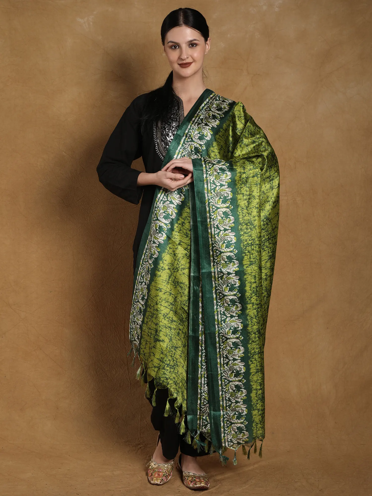 Batik Printed Banglori Art Silk Dupatta with Peacock Border and Tassels