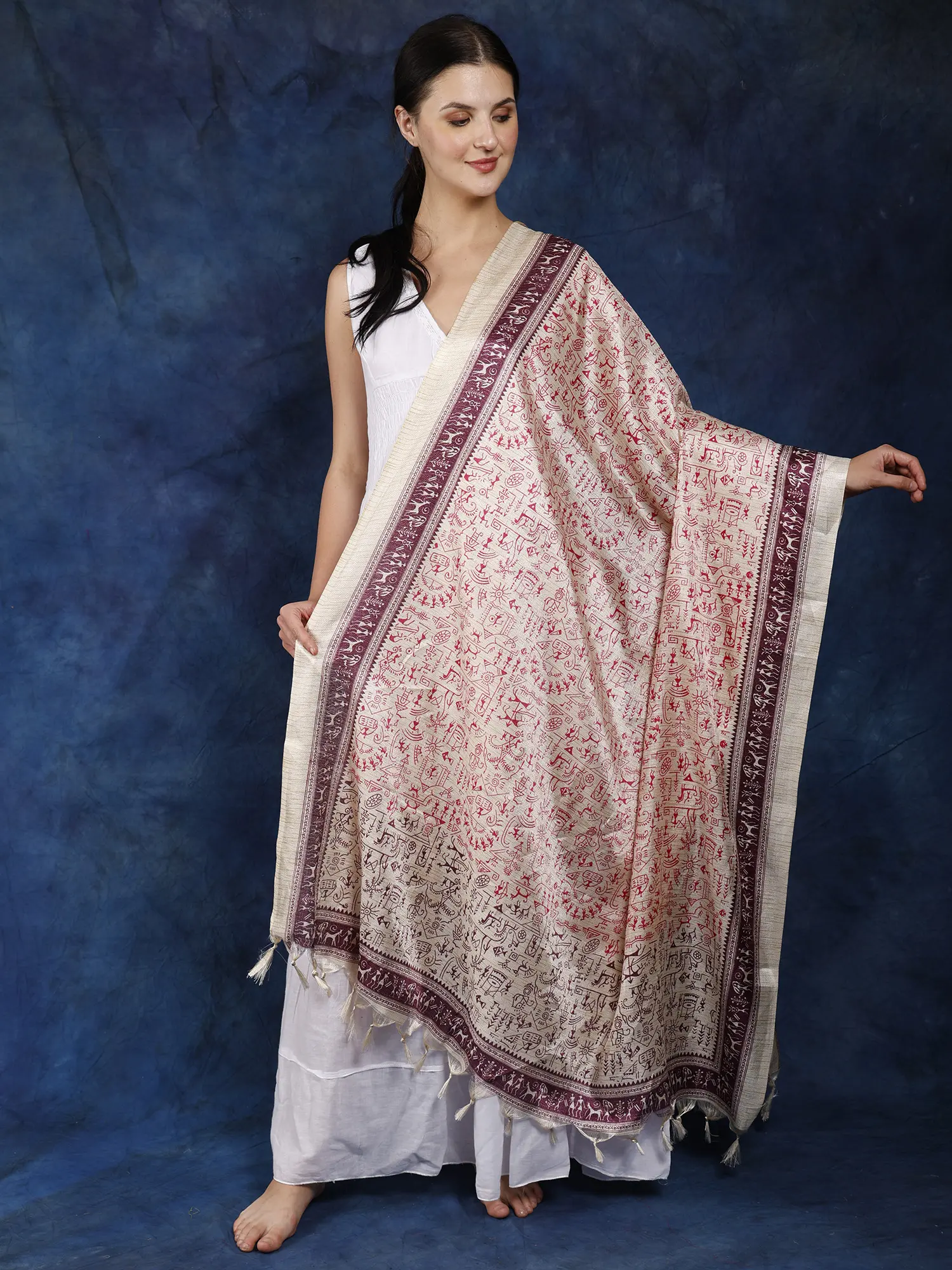 Art Silk Dupatta with Printed Folk Figures Inspired by Warli Art