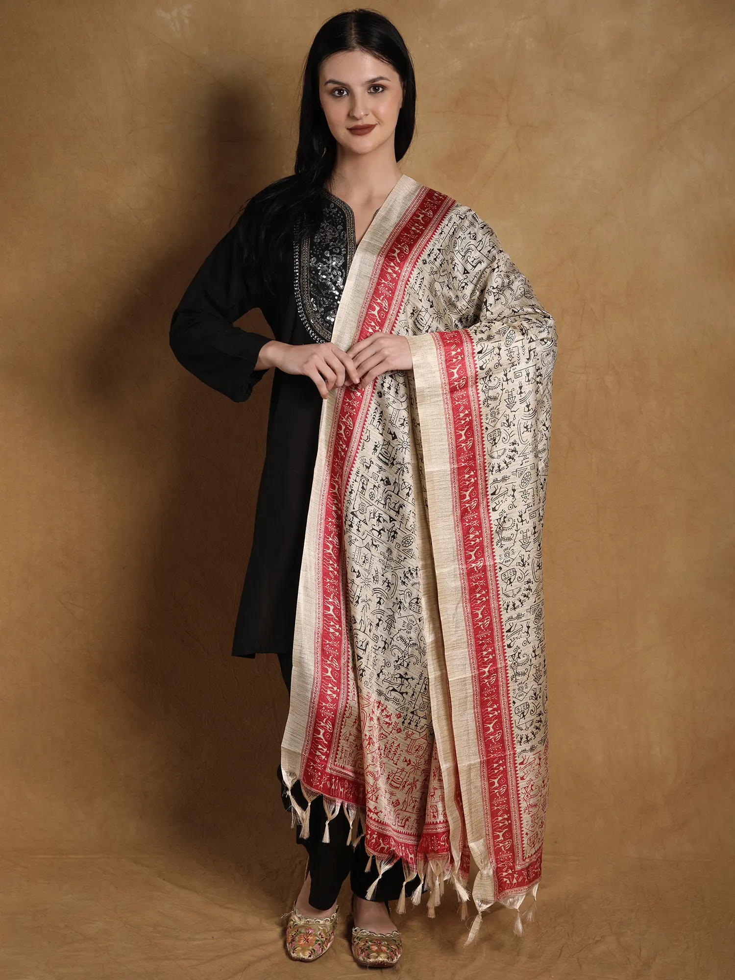 Art Silk Dupatta with Printed Folk Figures Inspired by Warli Art