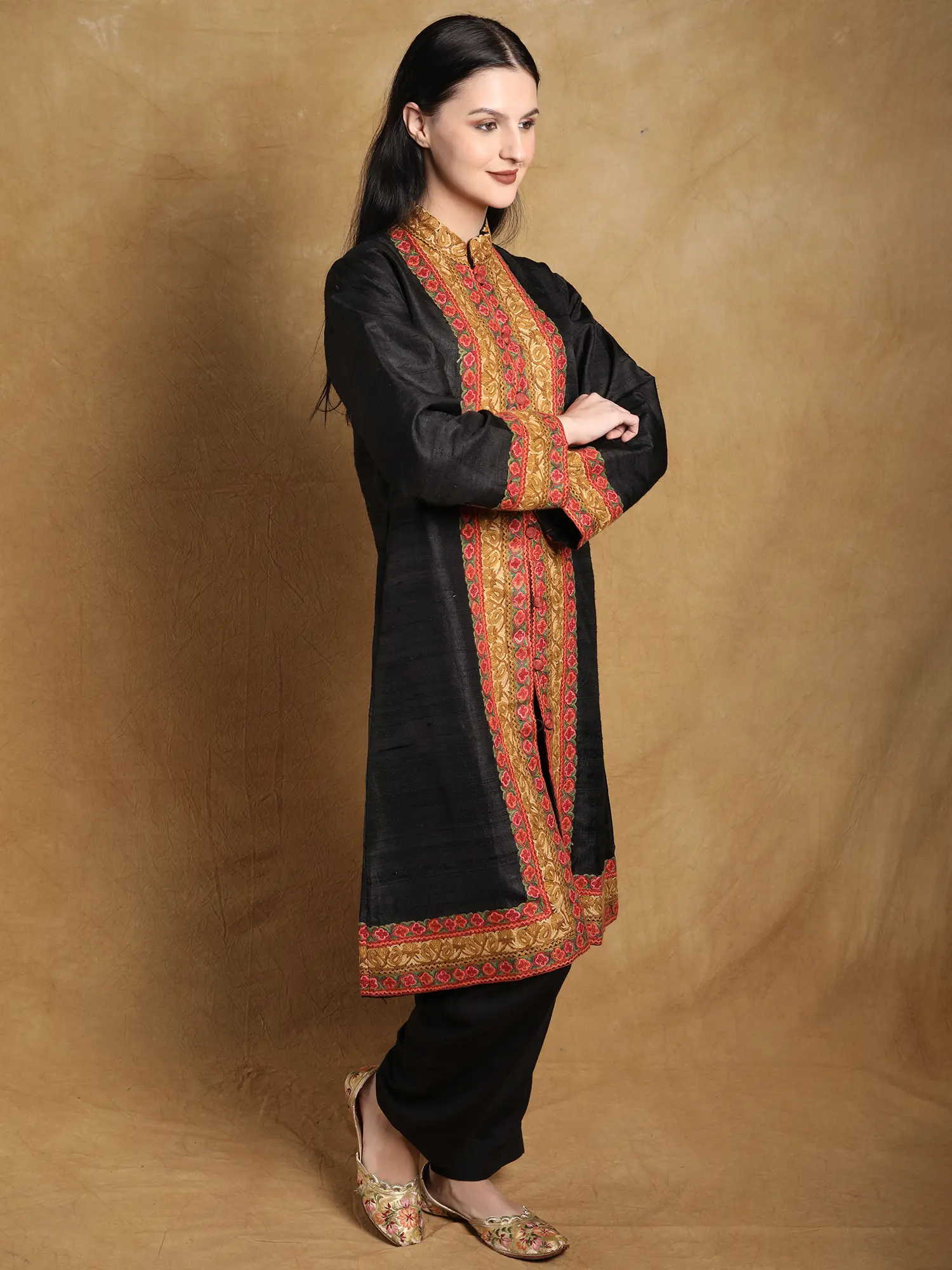 Moonless-Night Pure Silk Long Jacket from Kashmir with Hand Aari Embroidered Paisleys on Border, alternate view