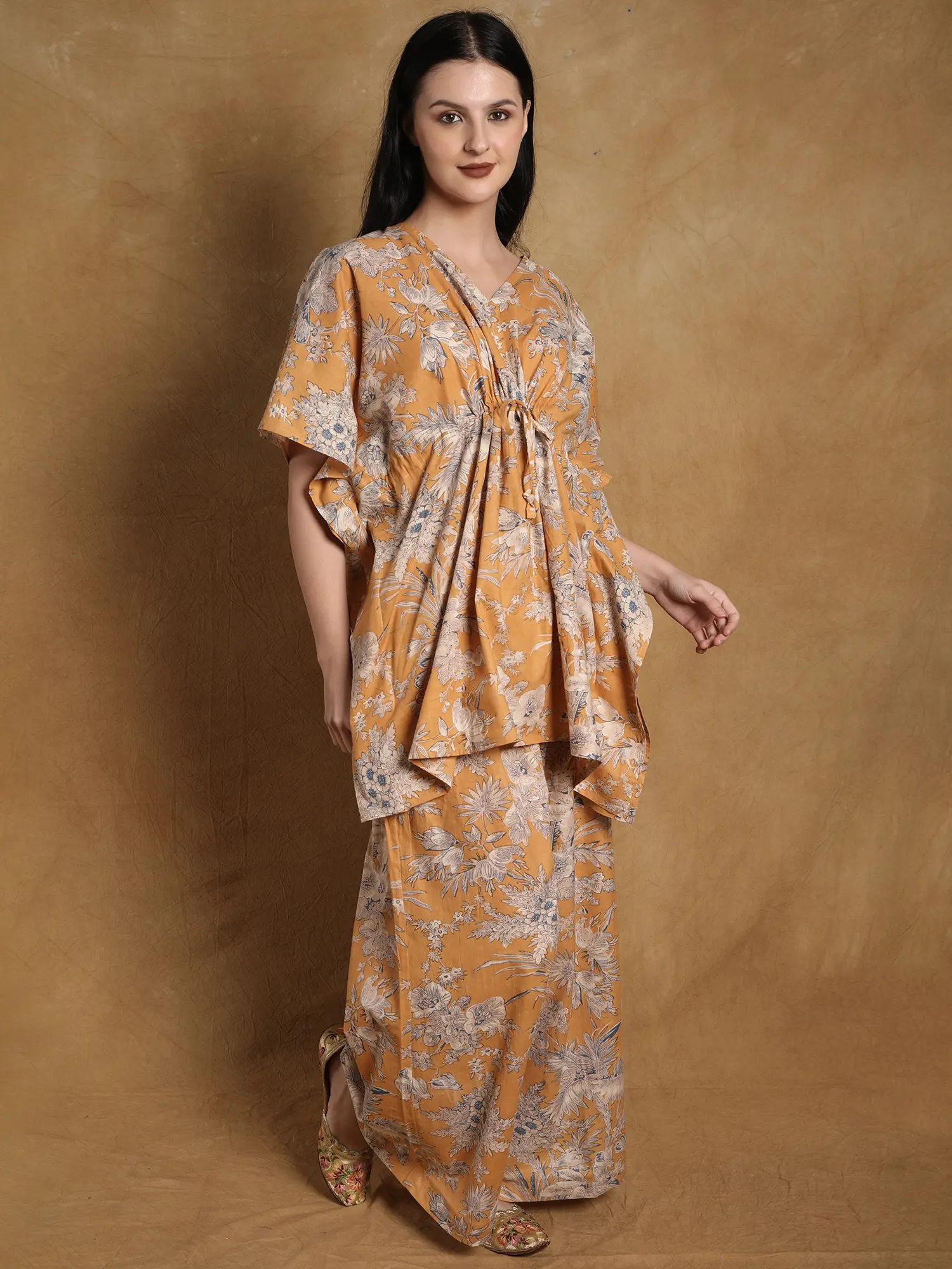 Honey-Yellow Pure Cotton Kaftan Style Co-Ord Set with Floral Print, alternate view