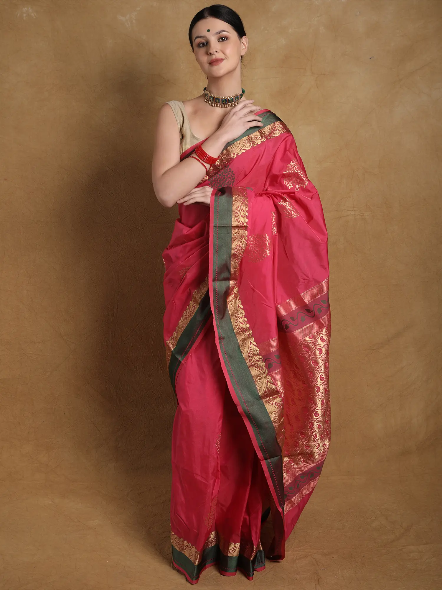 Azalea-Pink Brocaded Handloom Saree from Bangalore with woven Trees