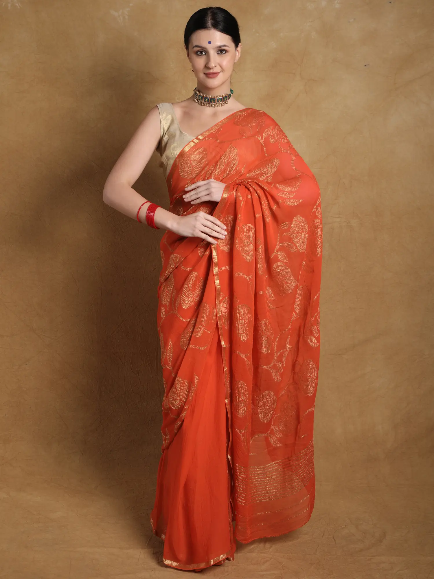 Orangeade Banarasi Pure Chiffon Handloom Saree with Woven Betel Leaf Vines