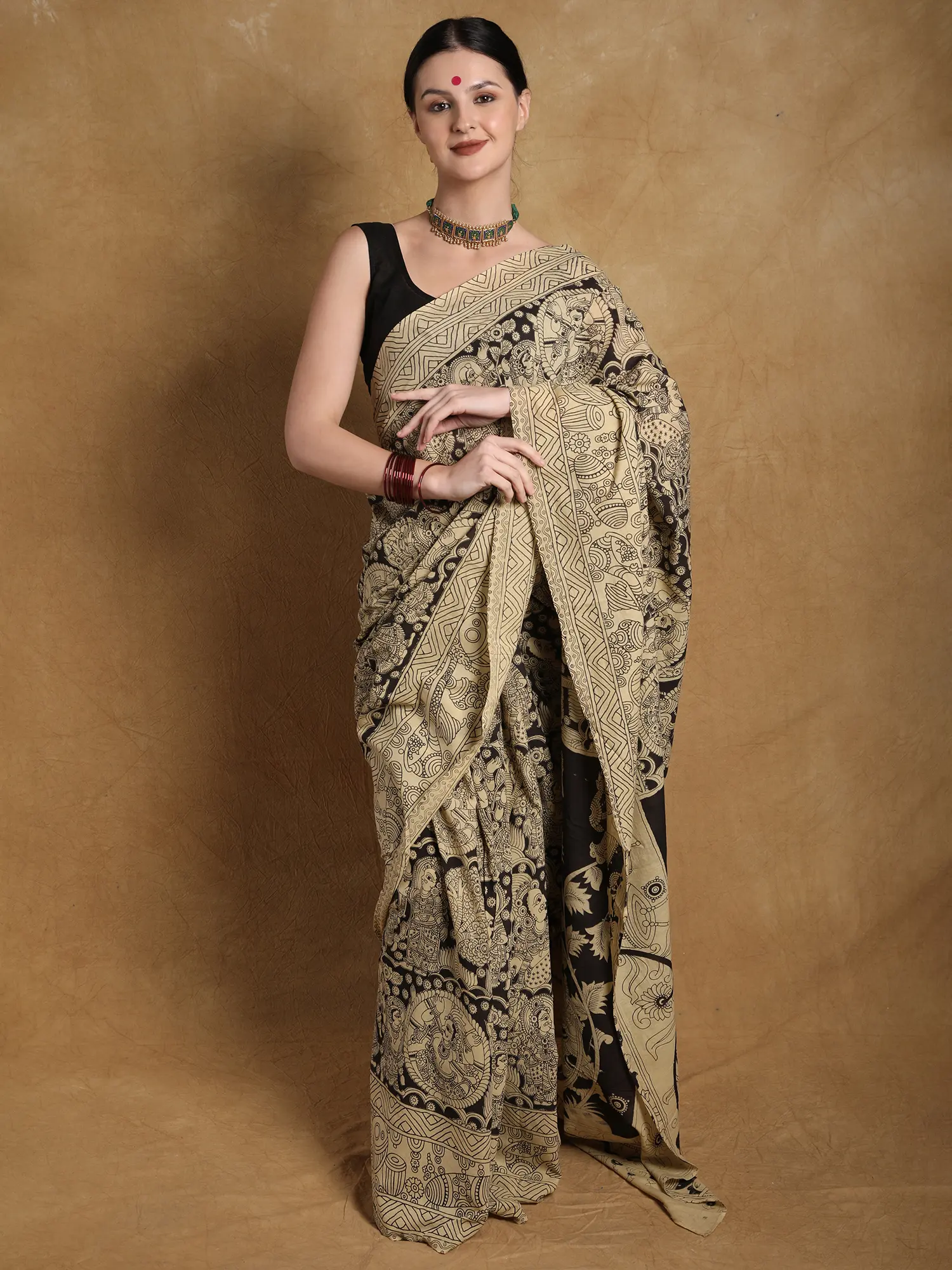 Black-Olive Kalamkari Hand-Painted Pure Cotton Saree from Telangana