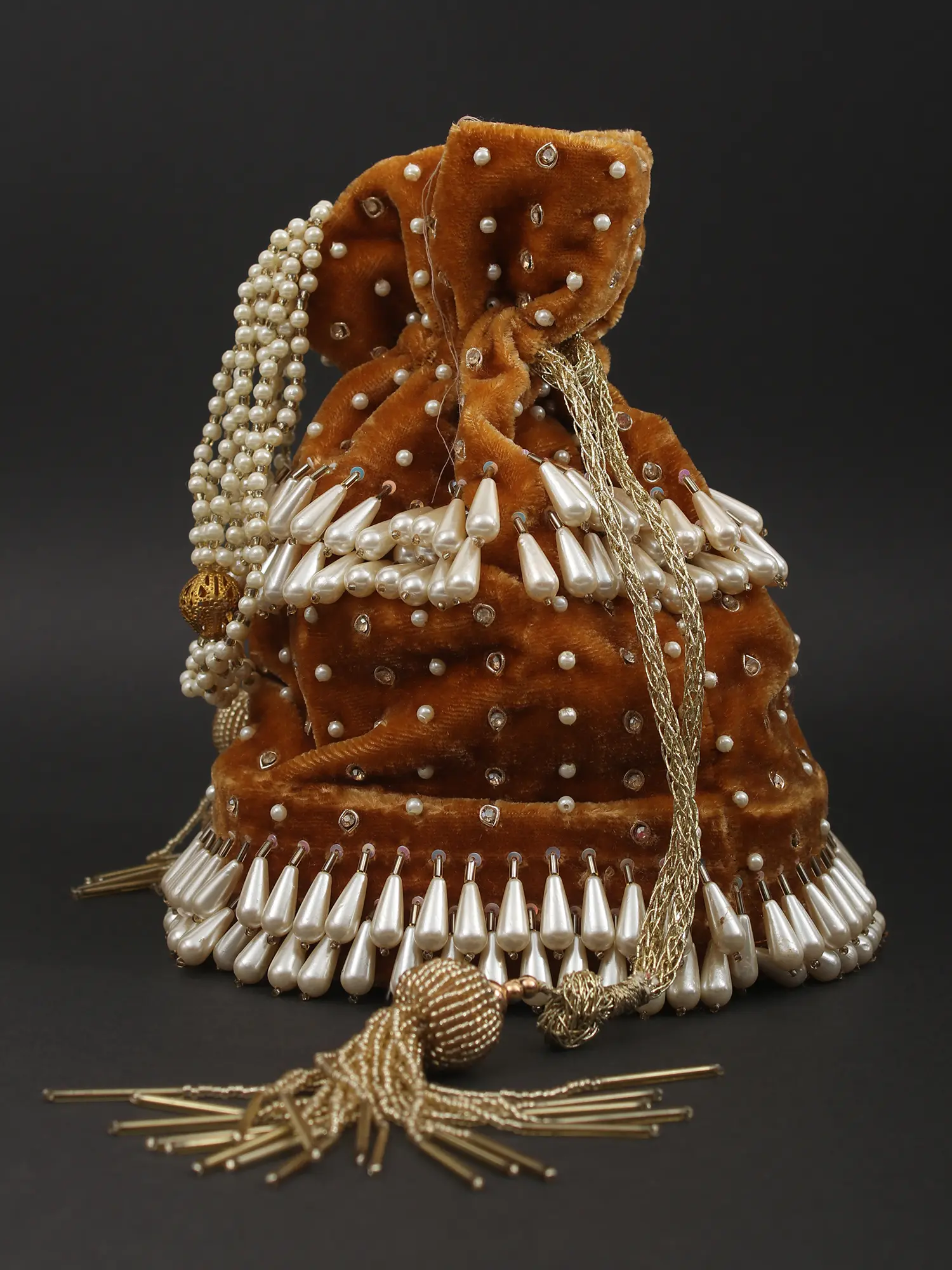 Bridal Drawstring Velvet Potli Bag with Embroidered Beads and Faux Pearls