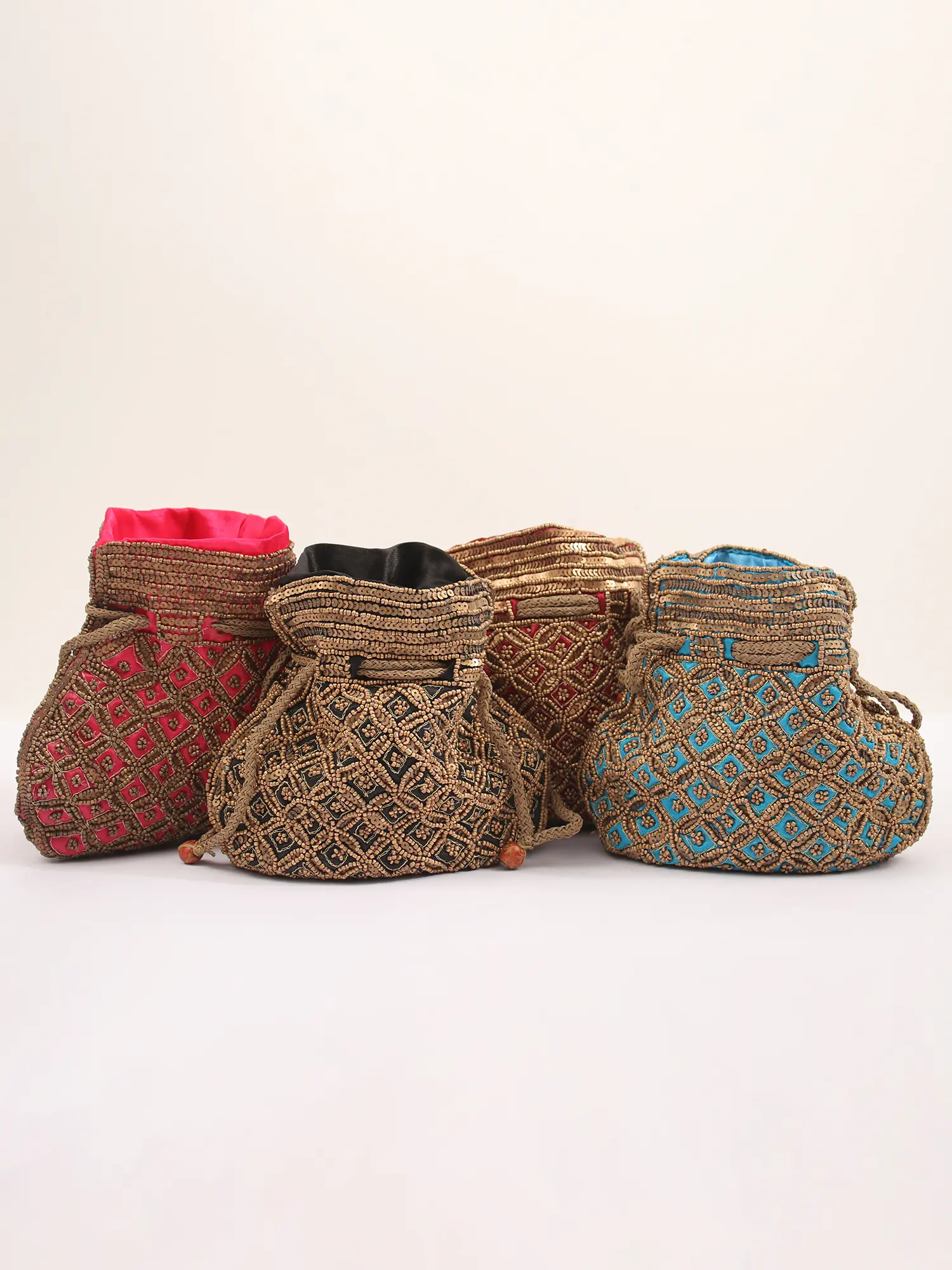 Lot of Four Drawstring Potli Bags with Bead and Sequins Embroidery, alternate view