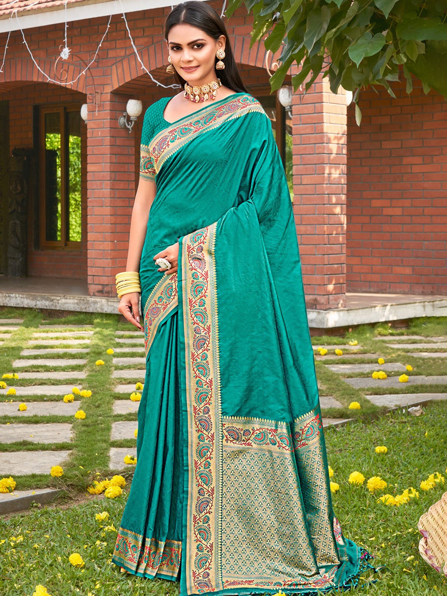 Royal Blue Muga silk saree with Green Border