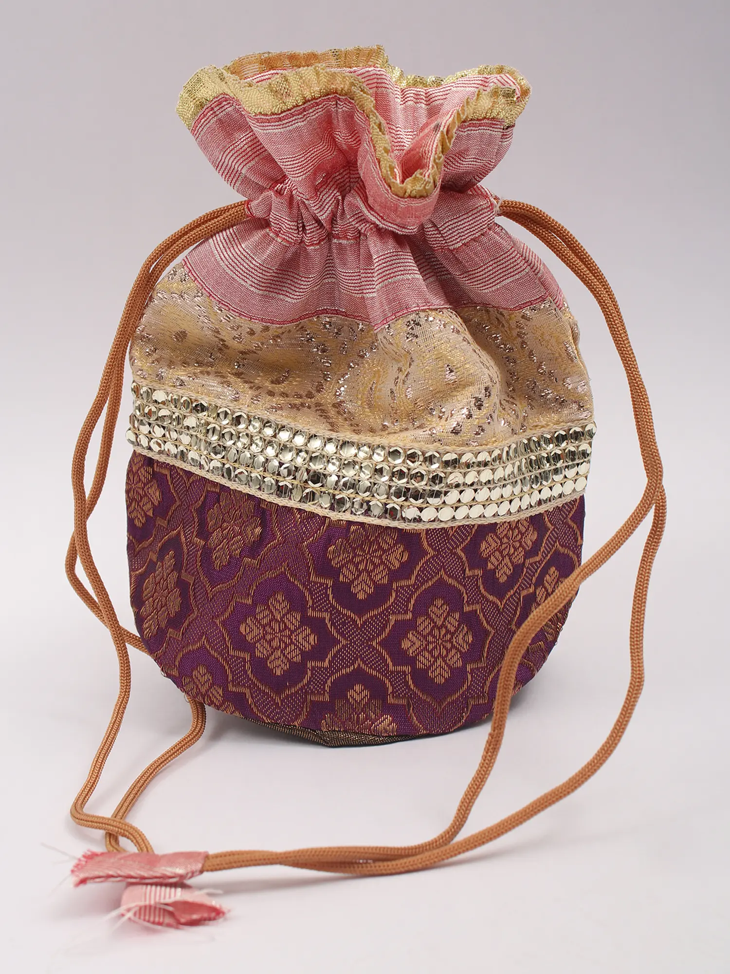 Drawstring Potli Bags with Brocaded Floral Motifs and Lace Work
