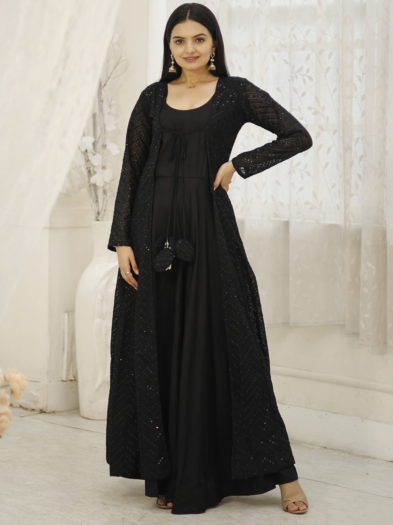 Black Jacket Style Lucknowi Embroidered Gown – Tirumala Designers