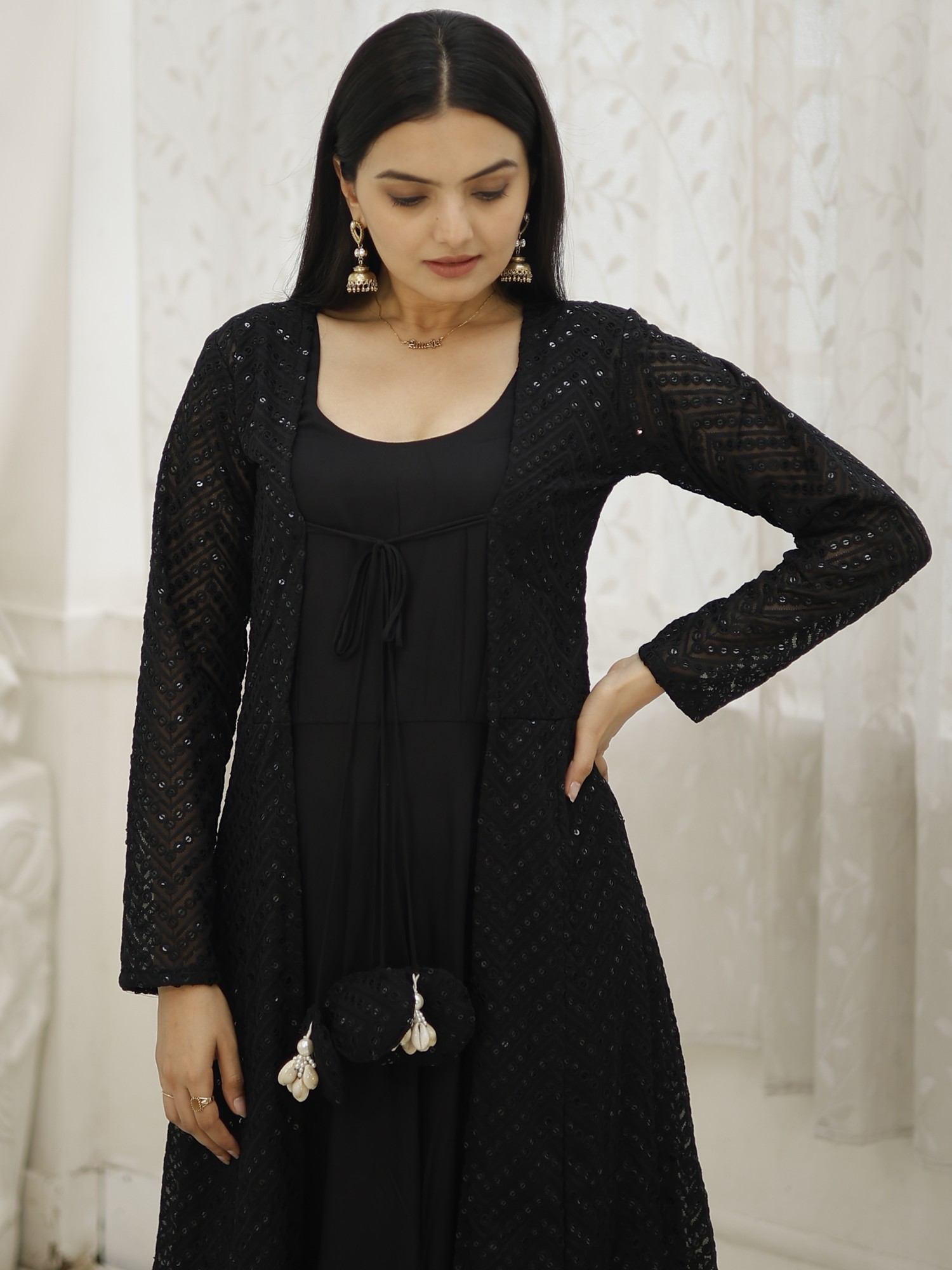 Georgette one piece Designer Gown with Attached Upper shrug