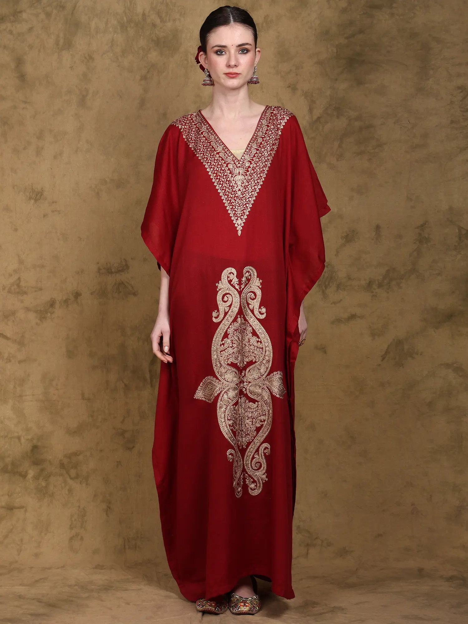 Pure Wool Long Kaftan from Kashmir with Tilla Embroidered Paisleys