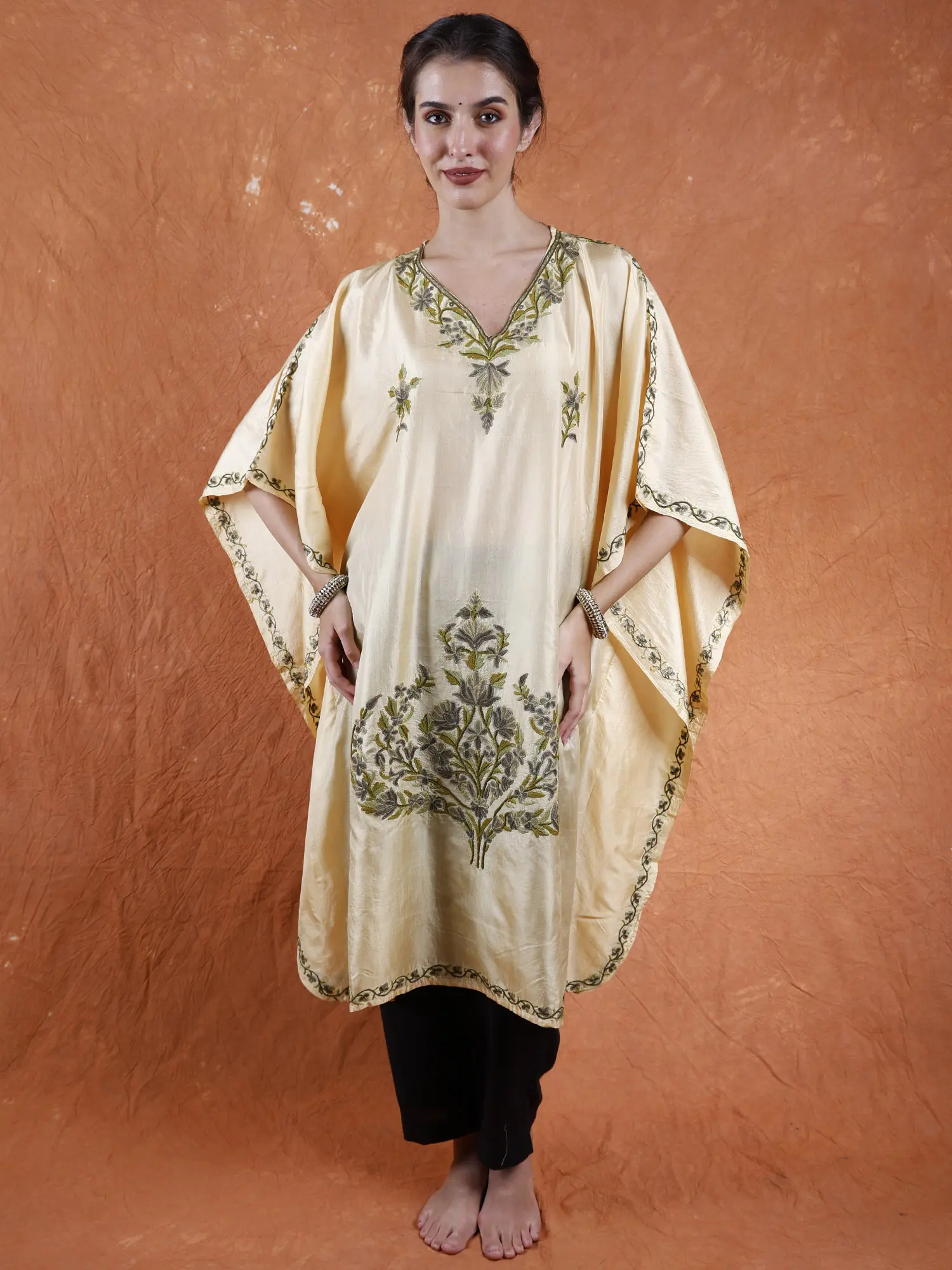 Summer-Melon Pure Silk Short Kaftan from Kashmir with Floral Aari Embroidery by Hand