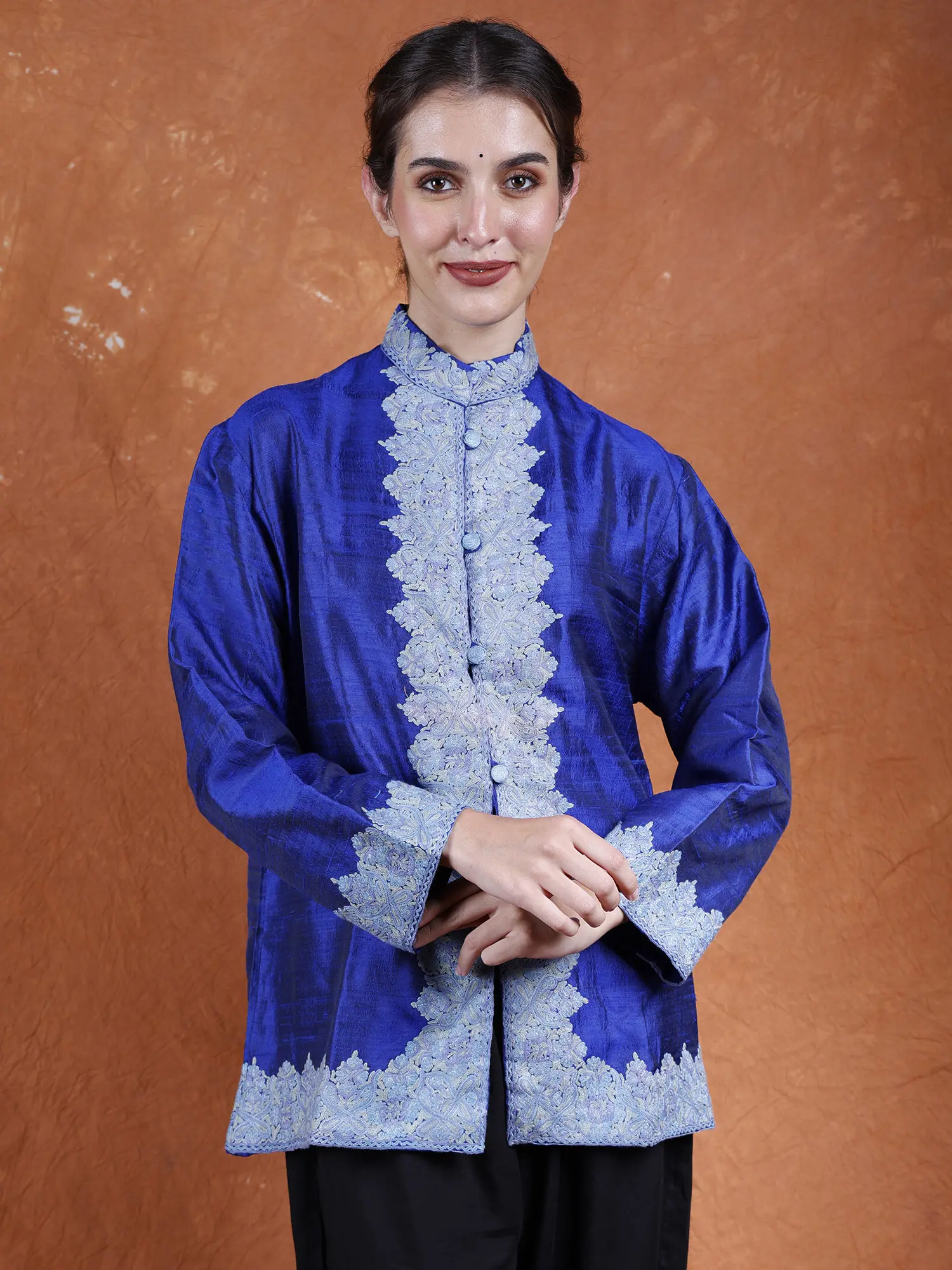 Sodalite-Blue Matka-Silk Plain Short Jacket from Kashmir with Aari Embroidery on Neck