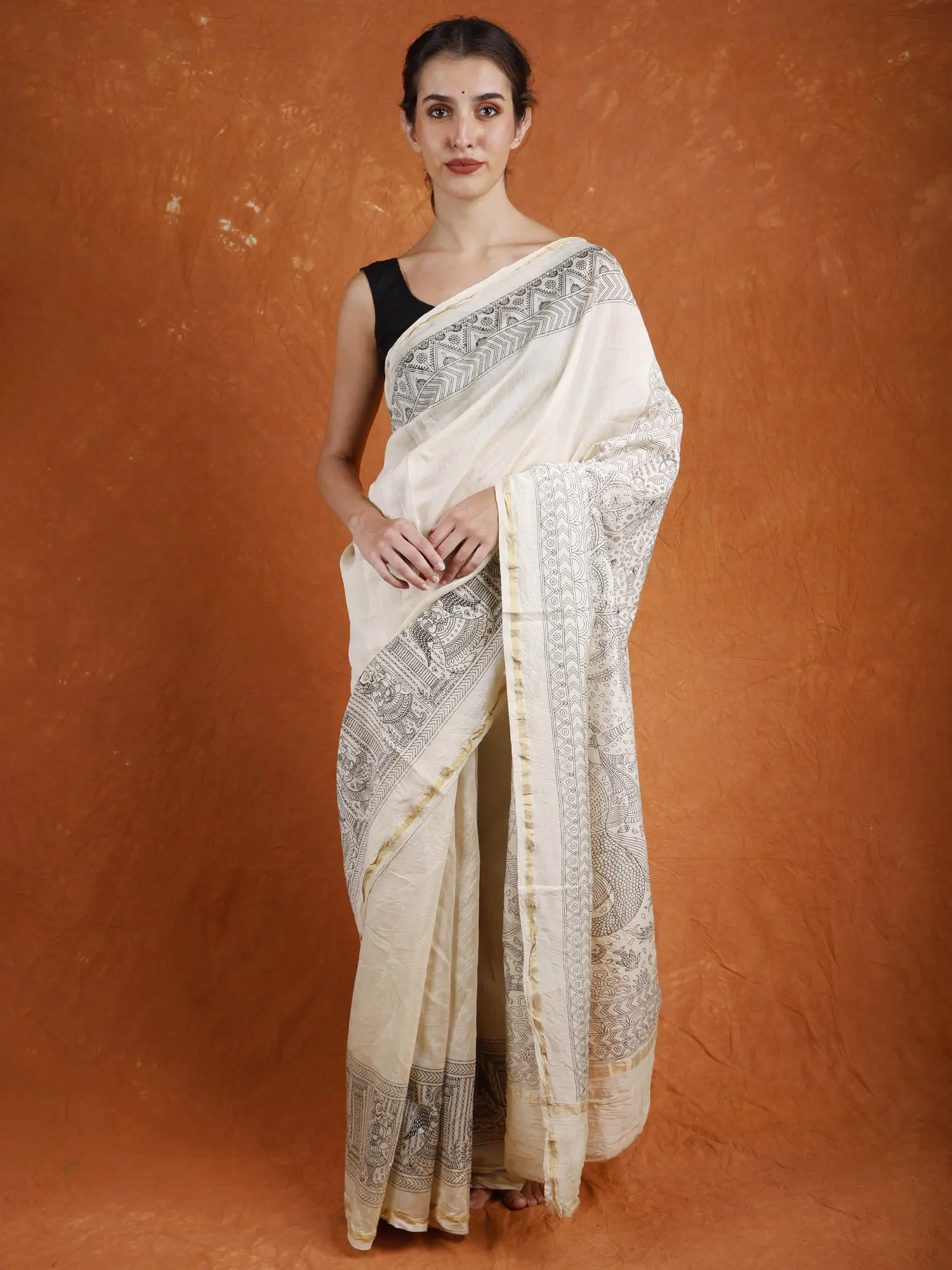 Cloud-Cream Chanderi Silk Mata Ni Pachedi Folk Saree from Gujarat Depicting the Matsya Avatar of Lord Vishnu