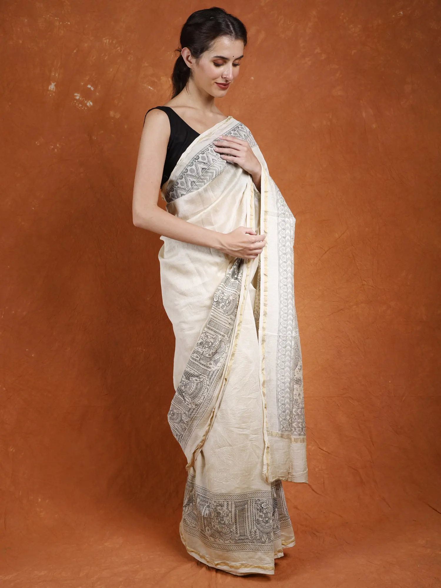 Cloud-Cream Chanderi Silk Mata Ni Pachedi Folk Saree from Gujarat Depicting the Matsya Avatar of Lord Vishnu, alternate view