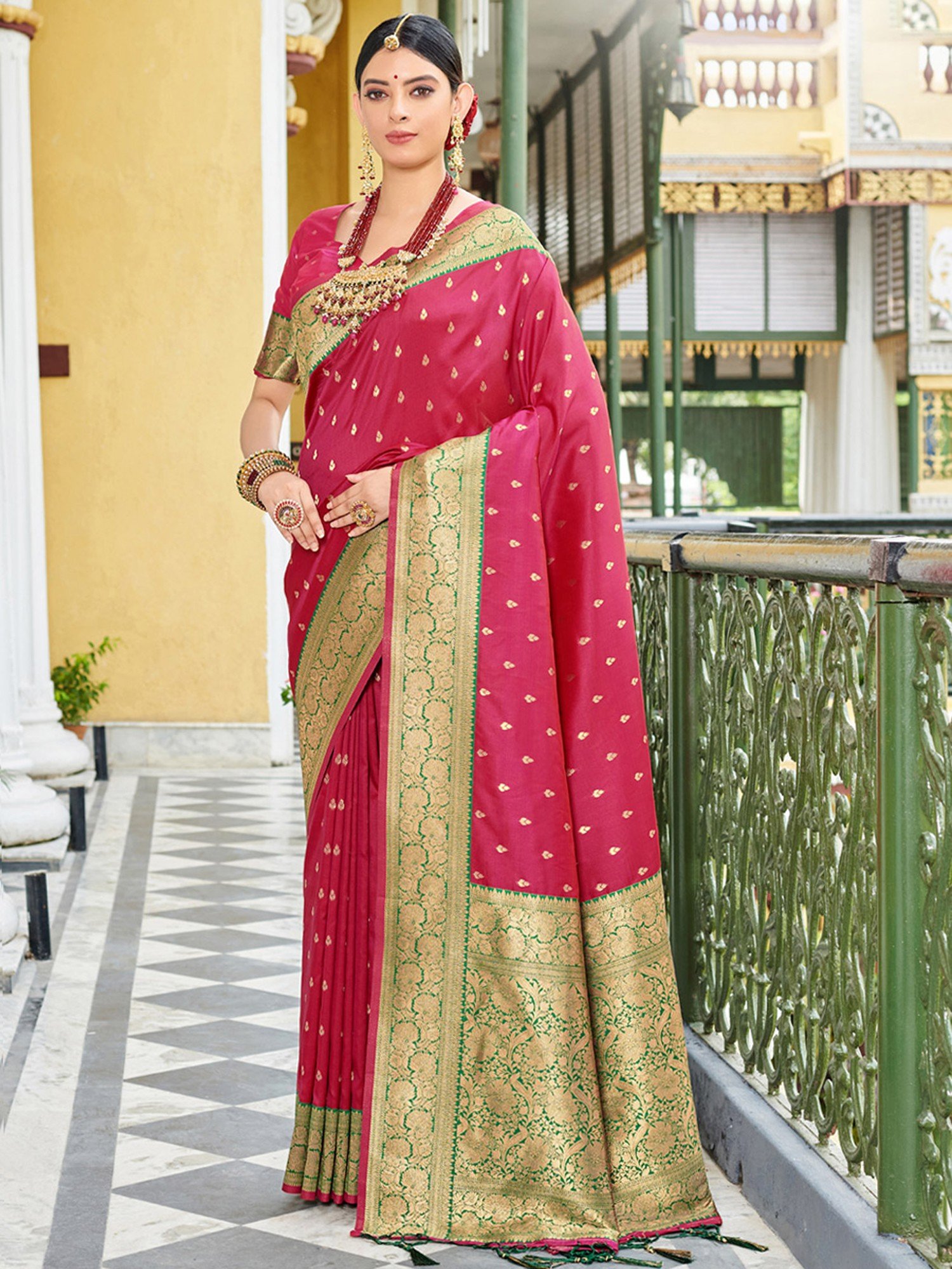 Magenta Banarasi Satin Silk Saree with all over Zari Booties and Heavy –  BharatSthali