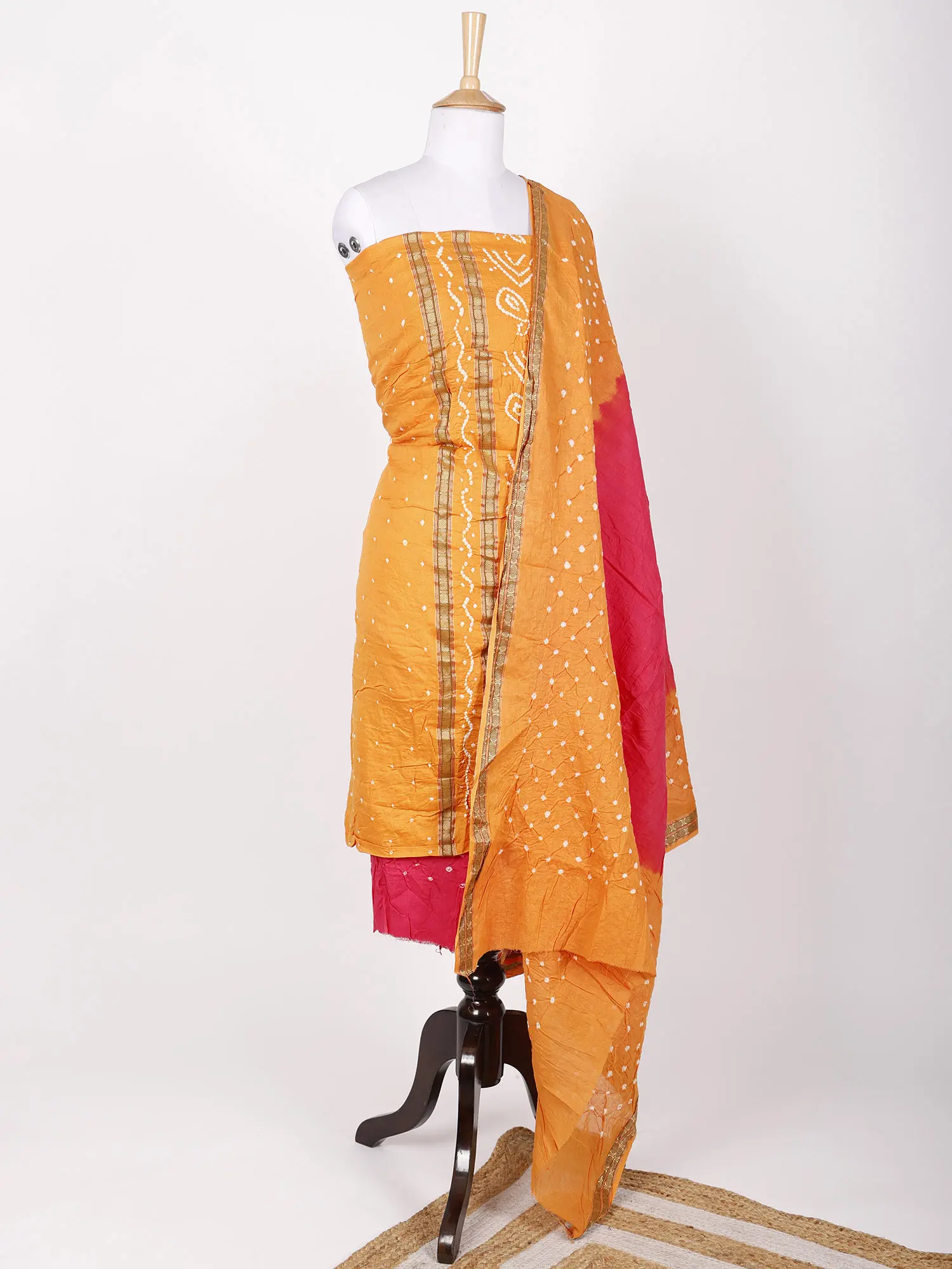 Bandhani Tie-Dye Pure Cotton Salwar Kameez and Dupatta from Gujarat with Woven Rudraksha Border, alternate view