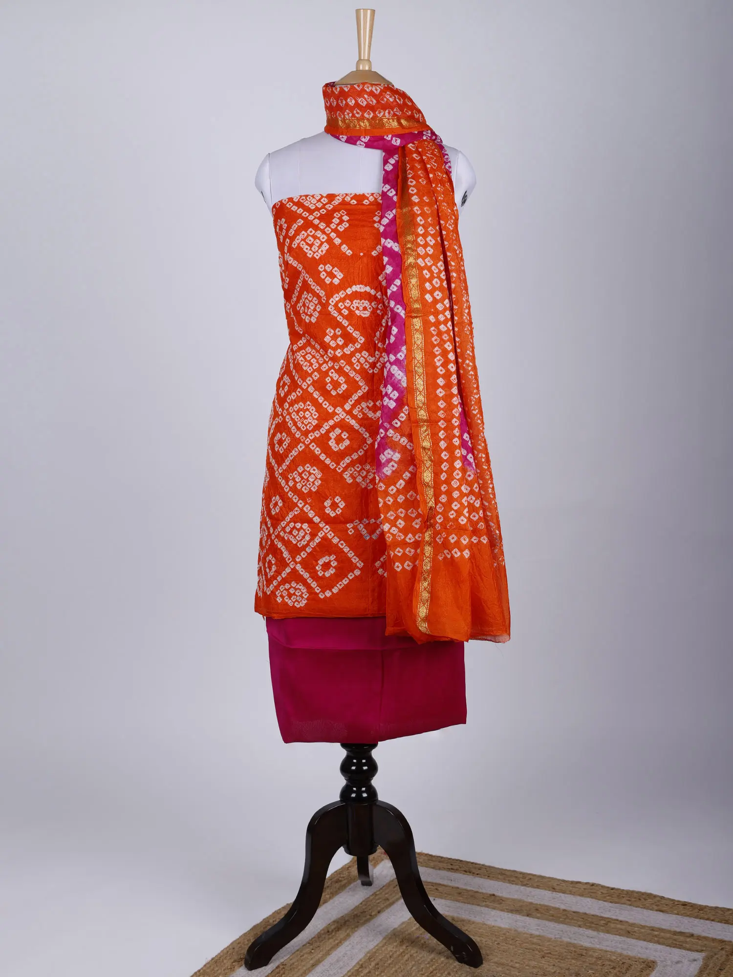 Bandhani Tie-Dye Salwar Kameez Fabric and Dupatta from Gujarat with Zari Border