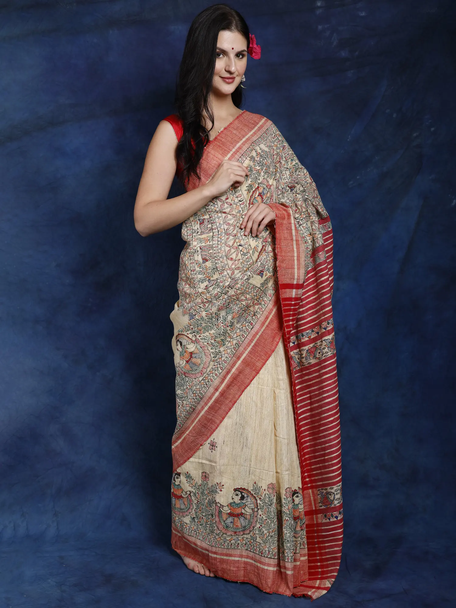 Banana-Crepe Khadi Cotton Saree from Bihar with Madhubani Hand-Painted Village Scenes, alternate view