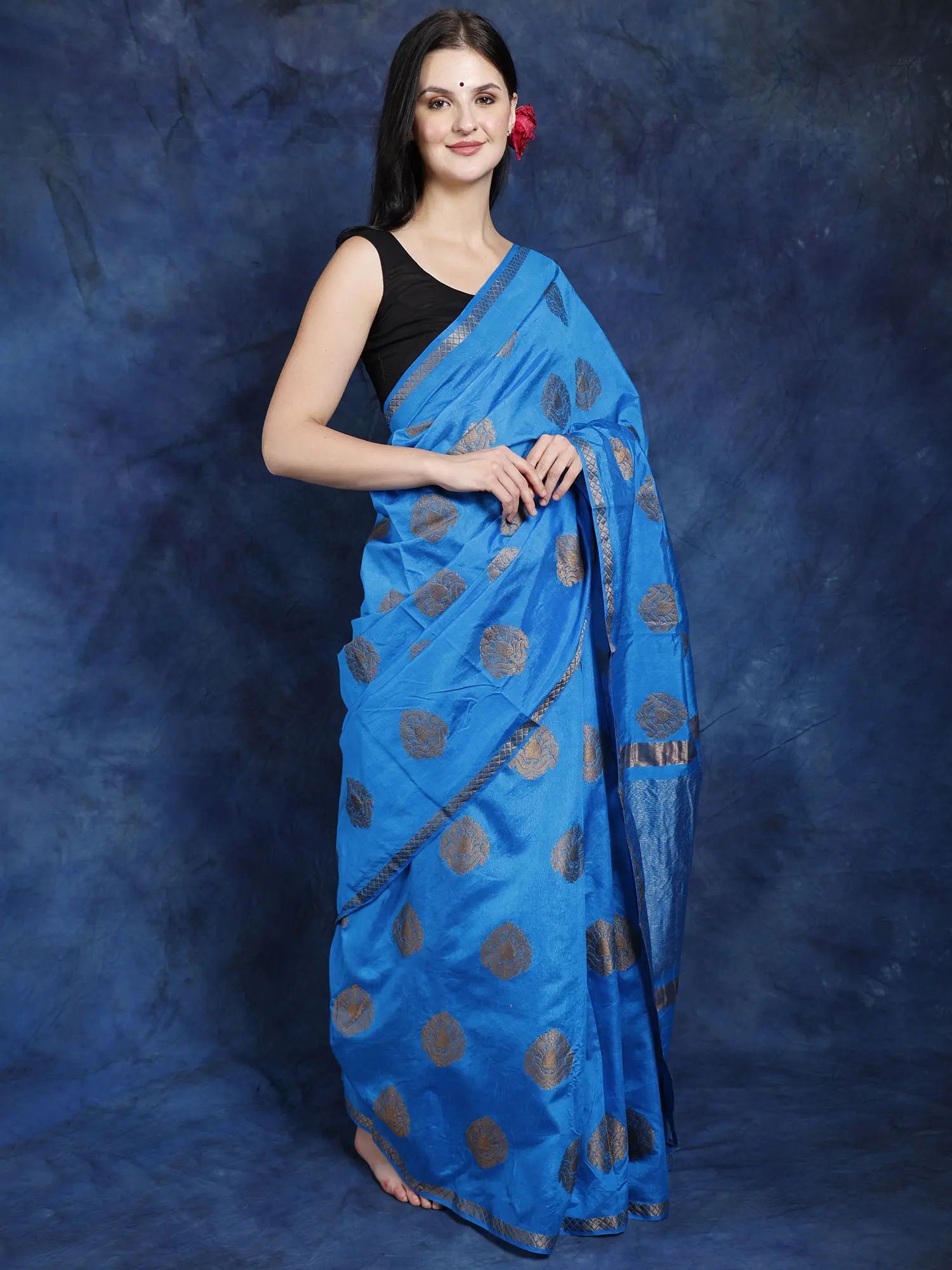Methyl-Blue Art Silk Saree from Chennai with Brocaded Zari Bootis All-Over, alternate view