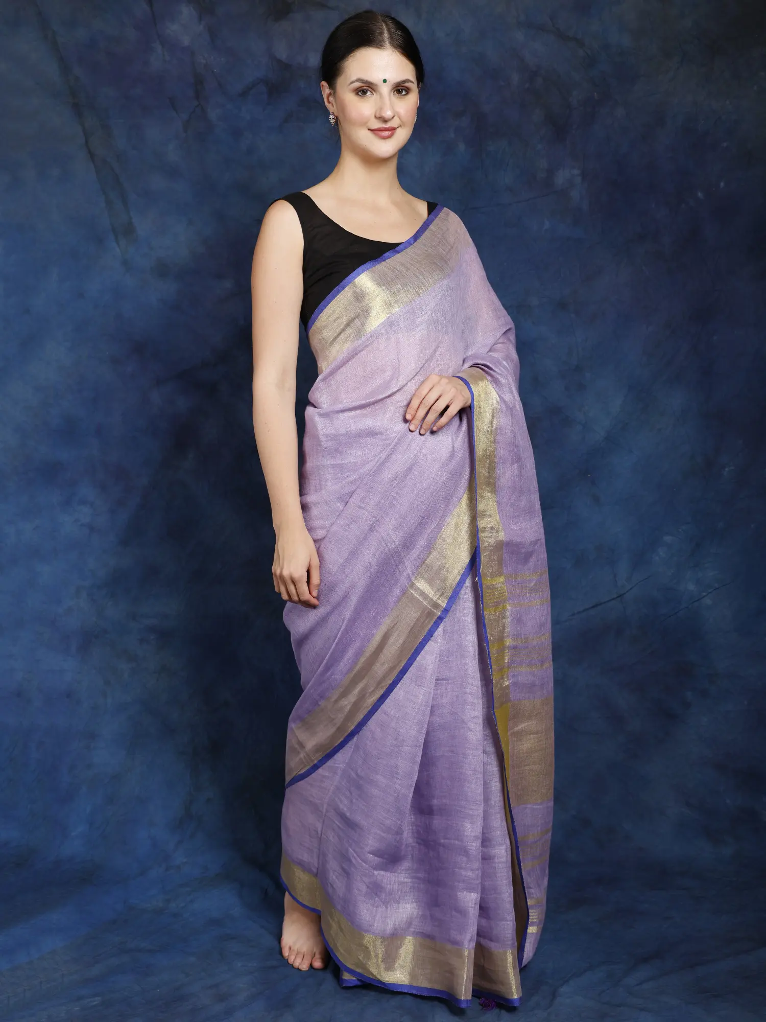 Cotton Plain Saree with Golden Border and Striped Pallu, alternate view