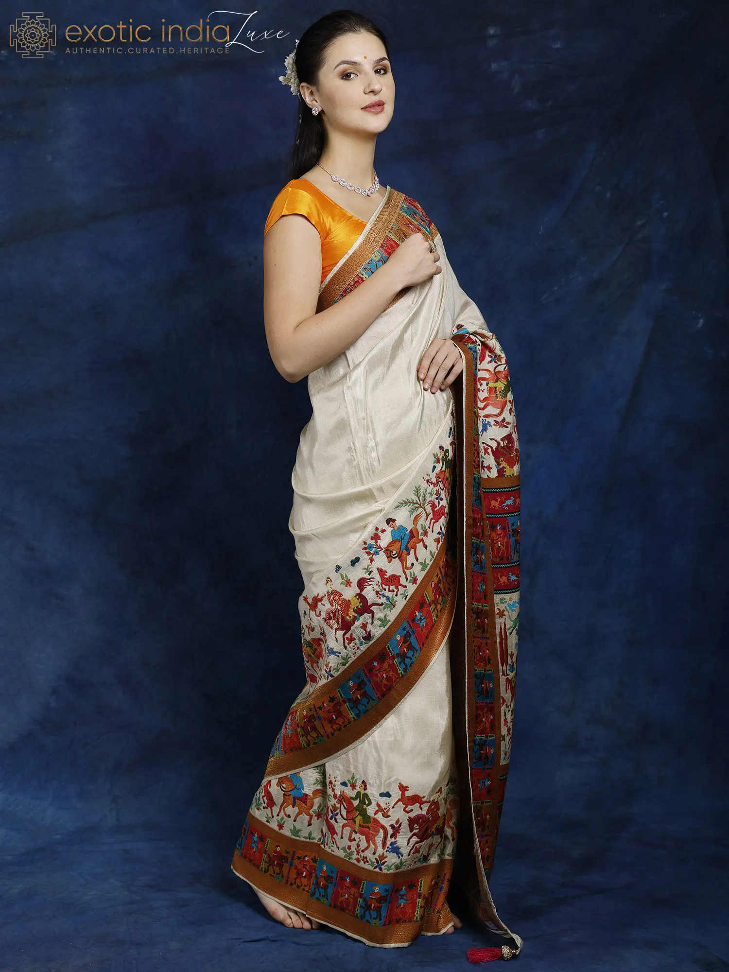 Arctic-Wolf Kani Handloom Saree from Kashmir with Woven Persian Hunt Scenes, alternate view