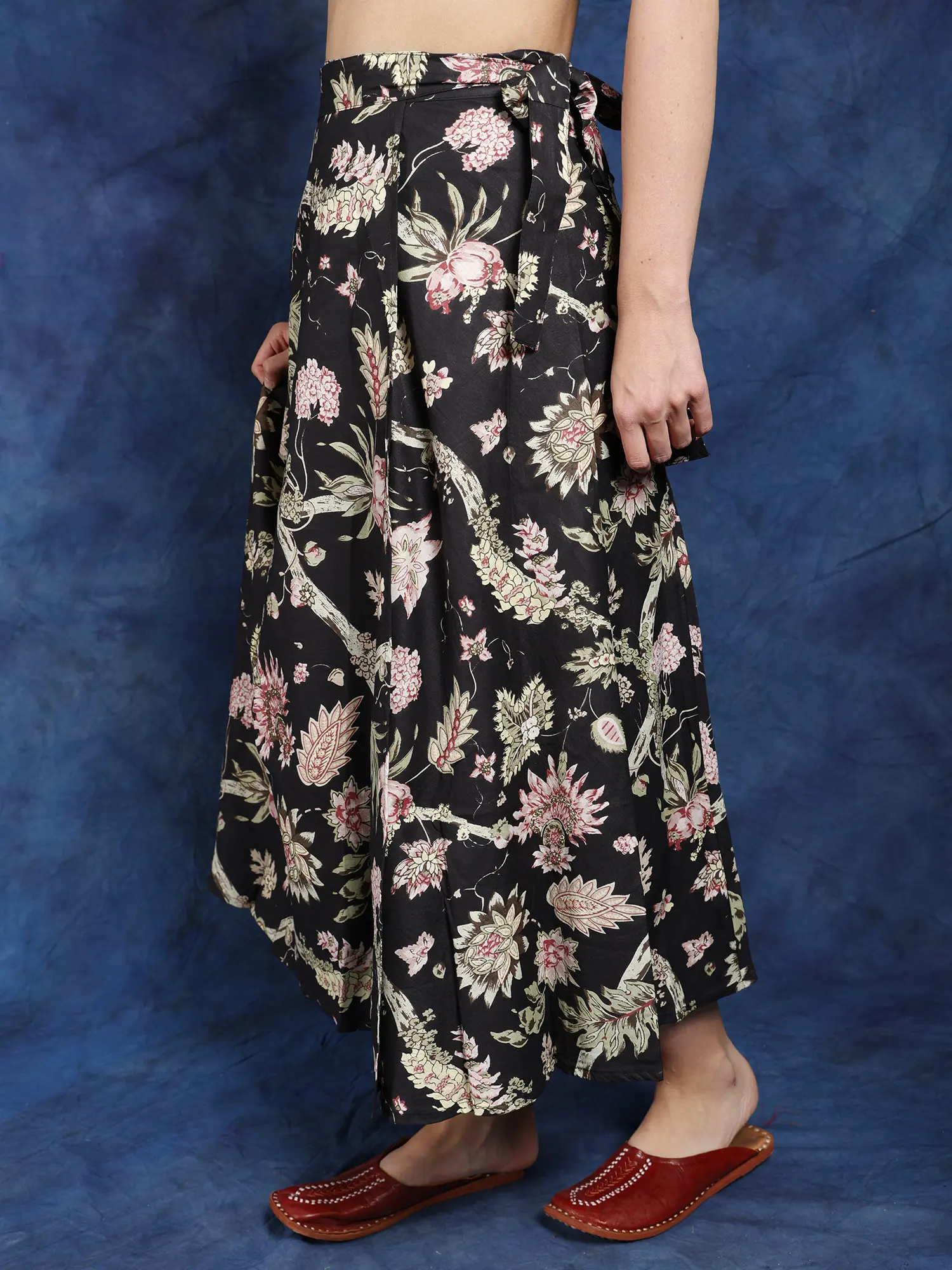 Black-Olive Pure Cotton Wrap Around Printed Long Skirt, alternate view