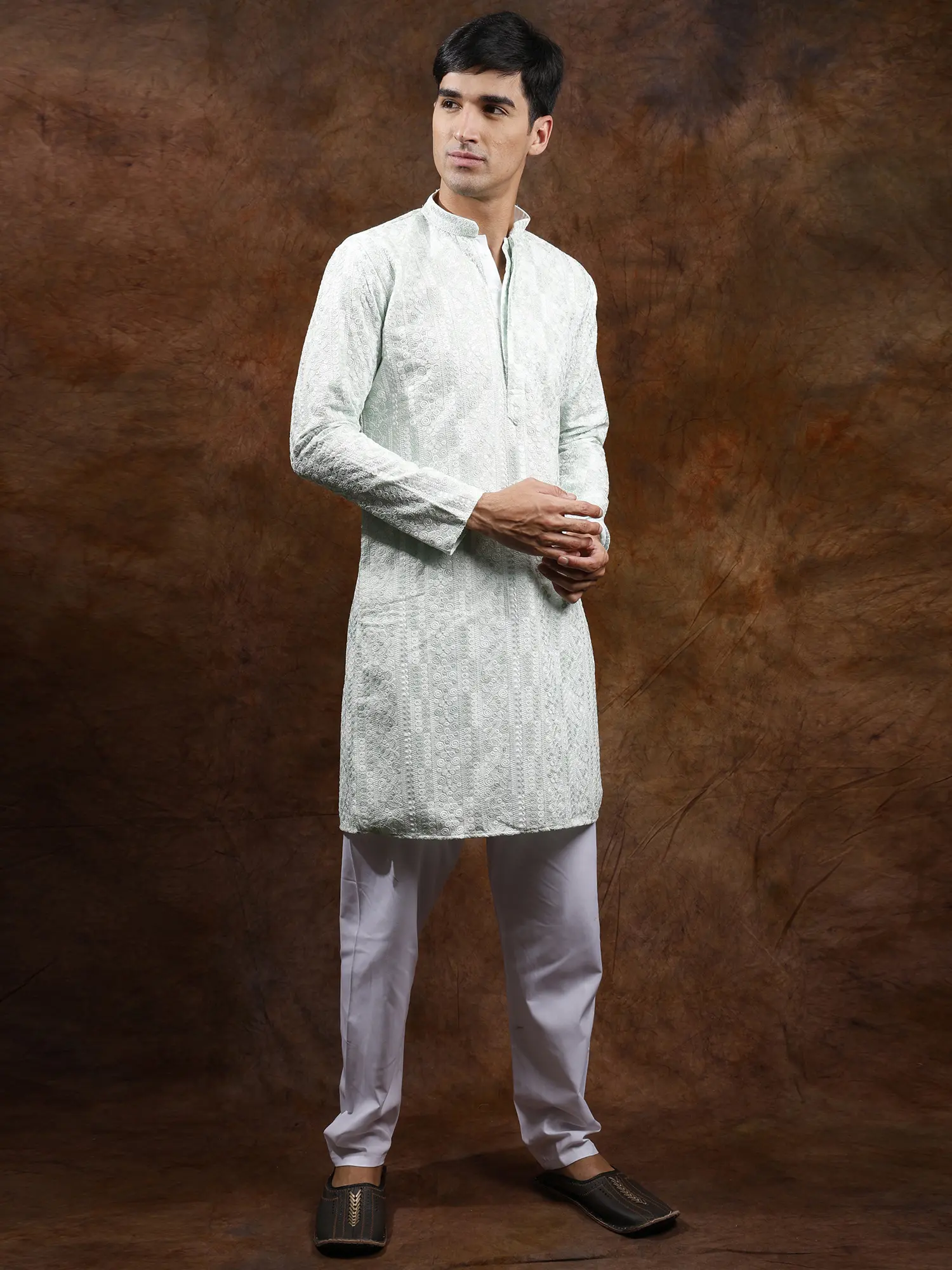 Pastel Kurta Pajama Set with Chikankari Embroidery All-Over, alternate view
