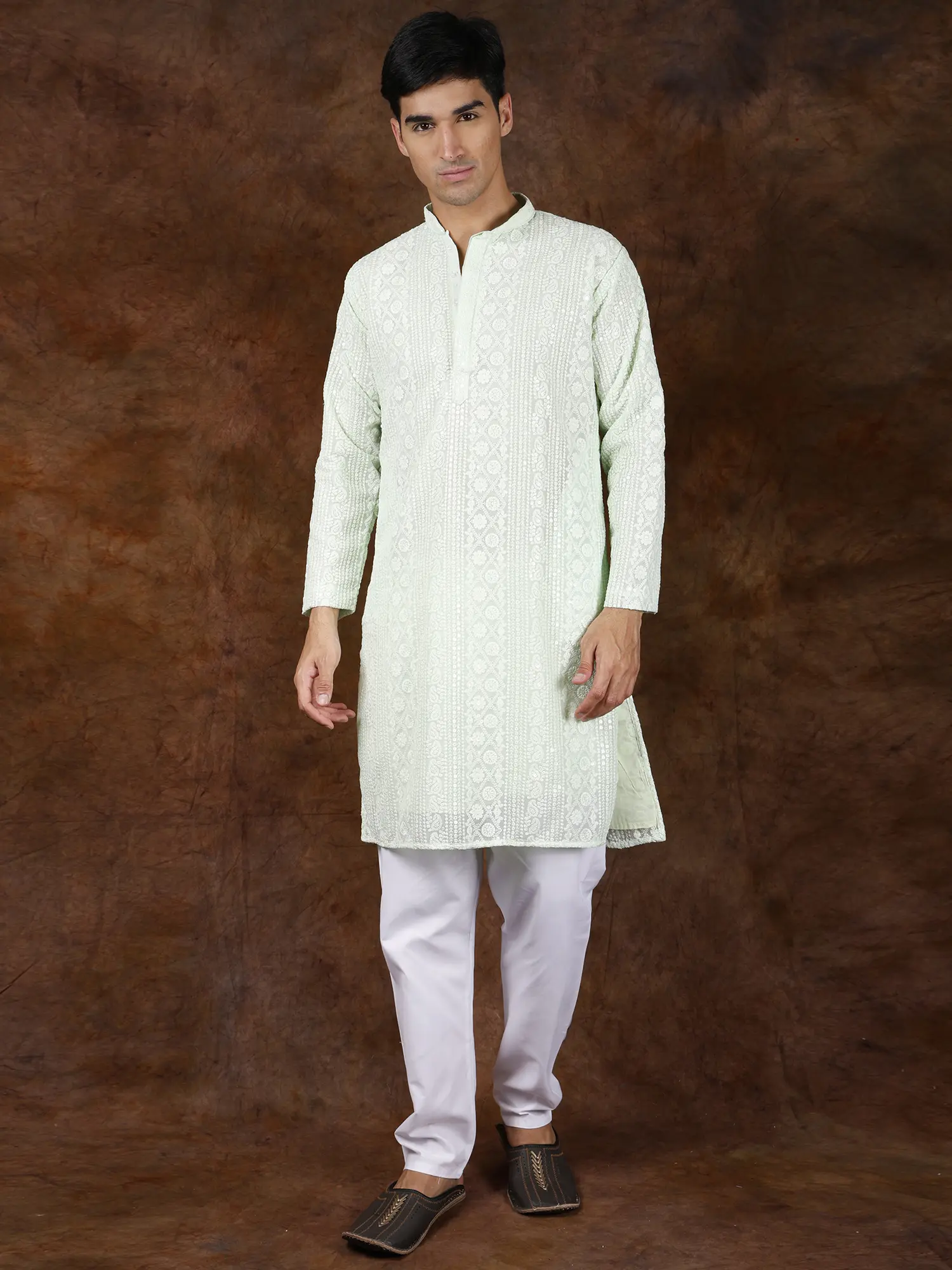 Seafoam-Green Lukhnavi Chikankari Embroidered Kurta Pajama with Sequin Work
