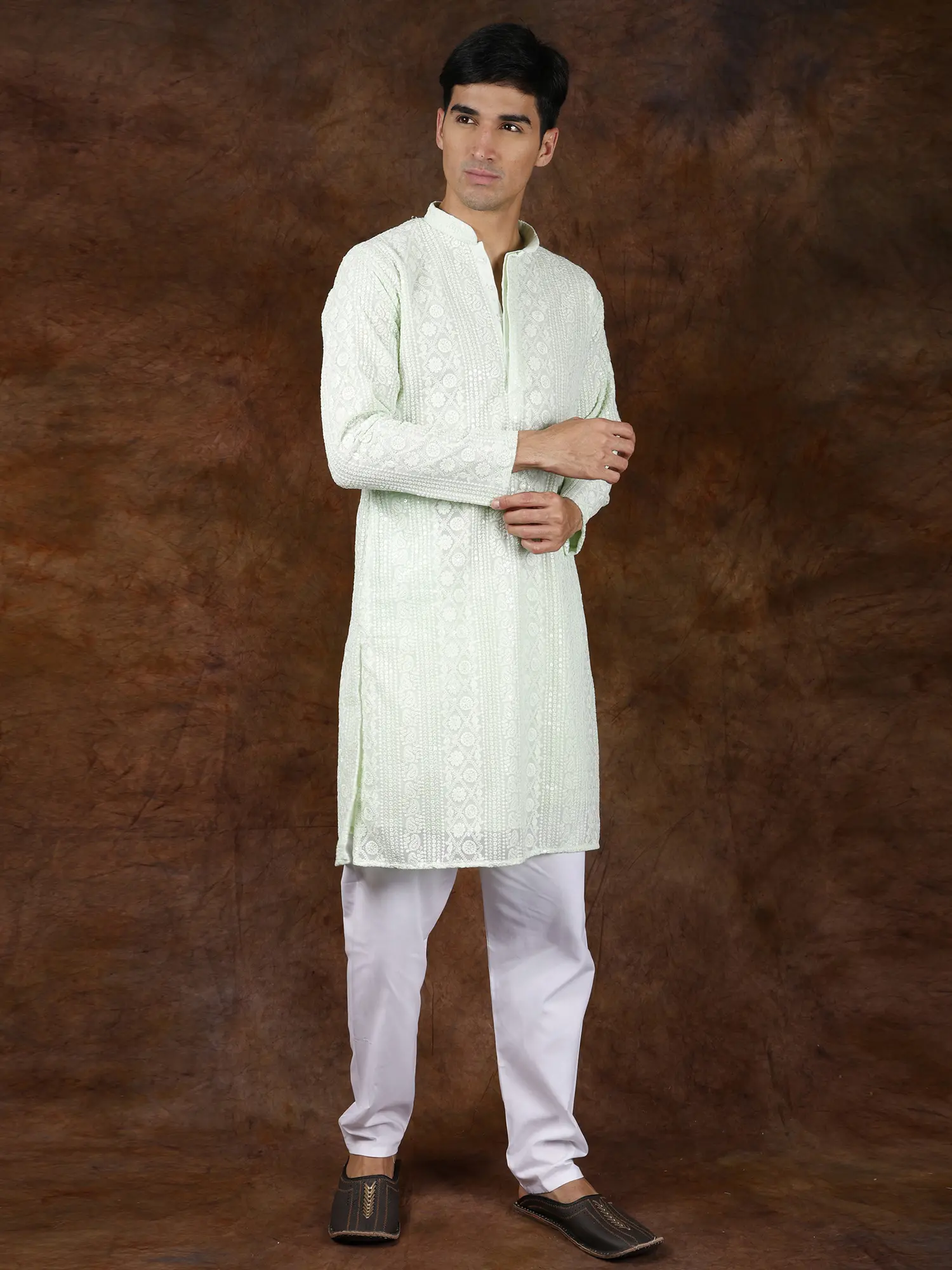 Seafoam-Green Lukhnavi Chikankari Embroidered Kurta Pajama with Sequin Work, alternate view