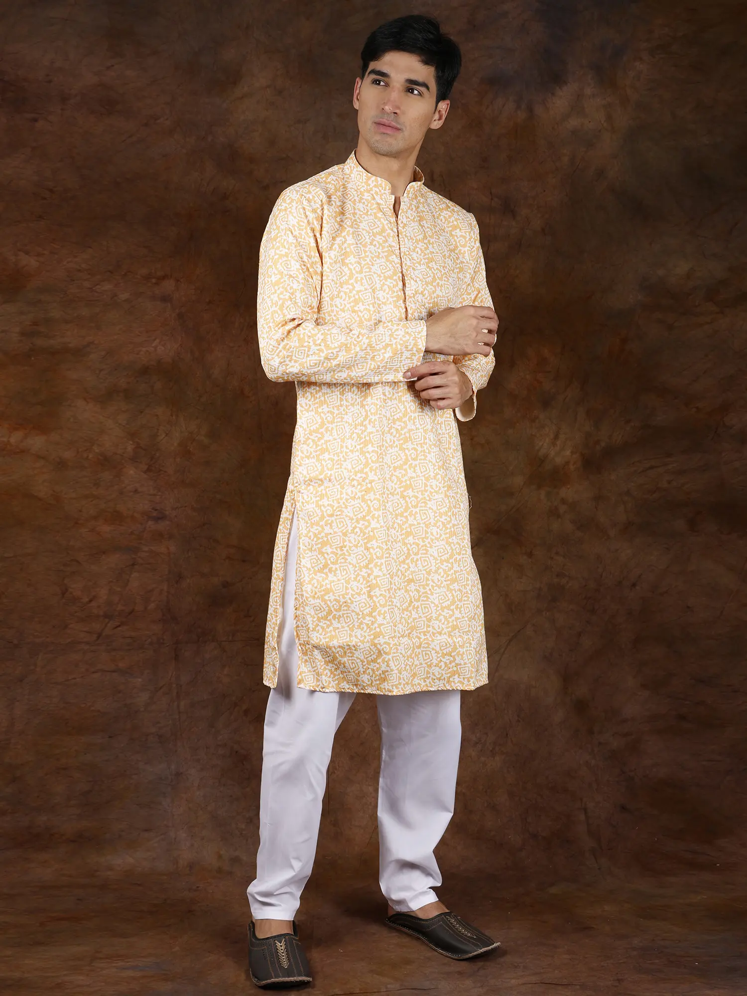 Amber-Yellow Block-Printed Kurta Pajama with Embroidered Sequins, alternate view